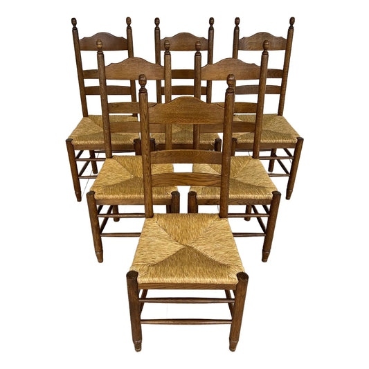 French Farmhouse Oak Ladder Back Dining Chairs With Rush Woven Seats – Set of 6