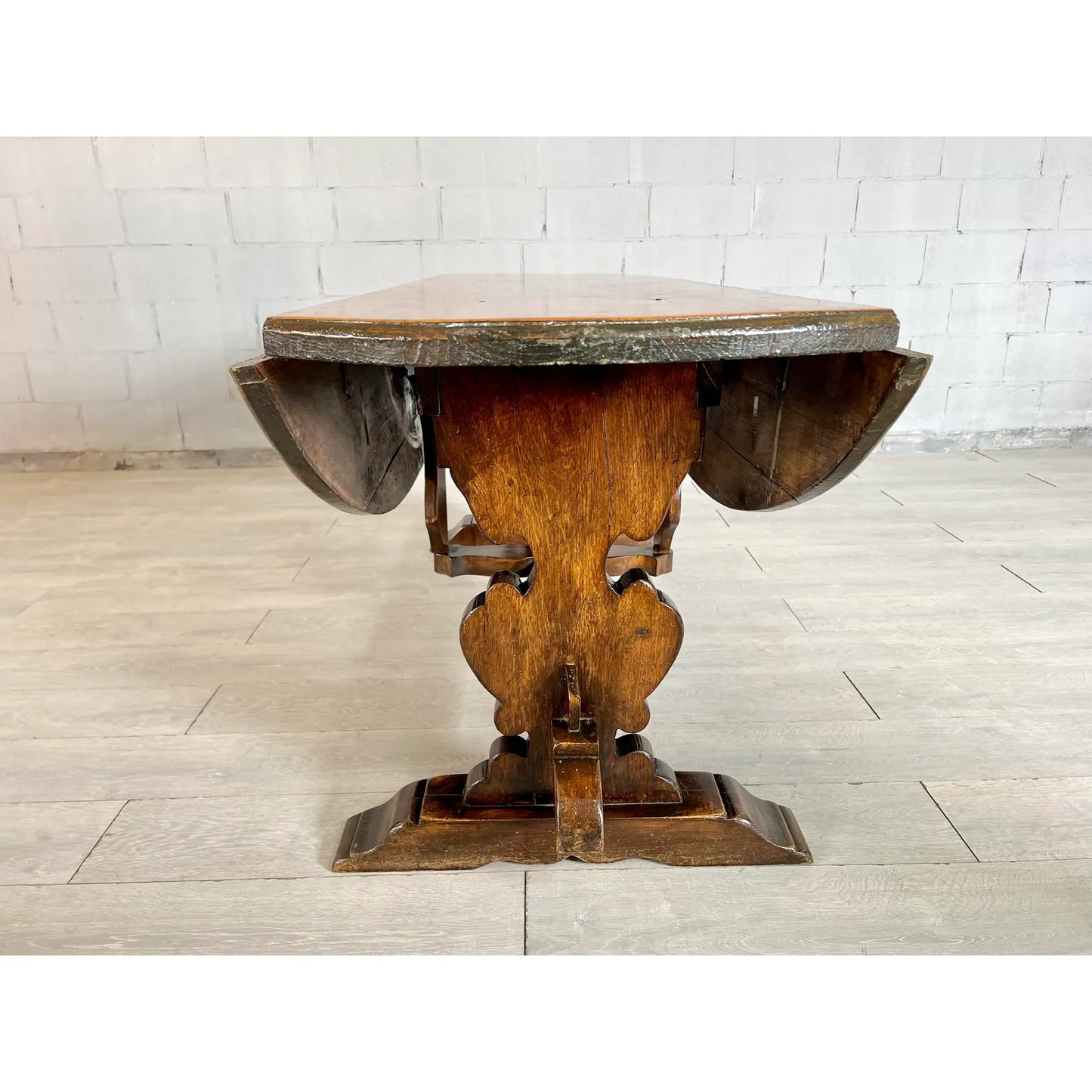 Italian Walnut Drop Leaf Dining Table With Baroque Base