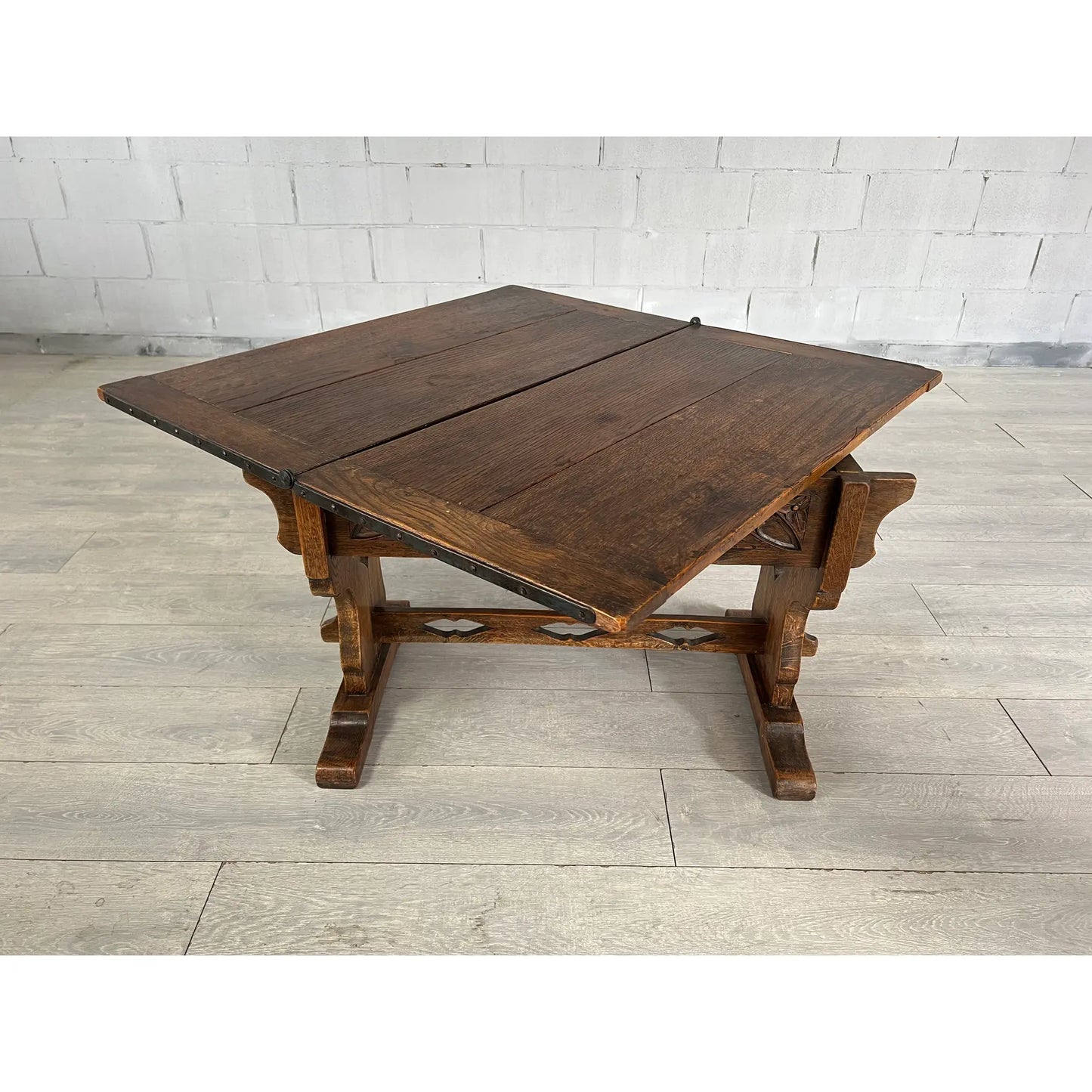 One of a Kind Antique Rustic Oak Extendable Coffee Side Table With Removable Top