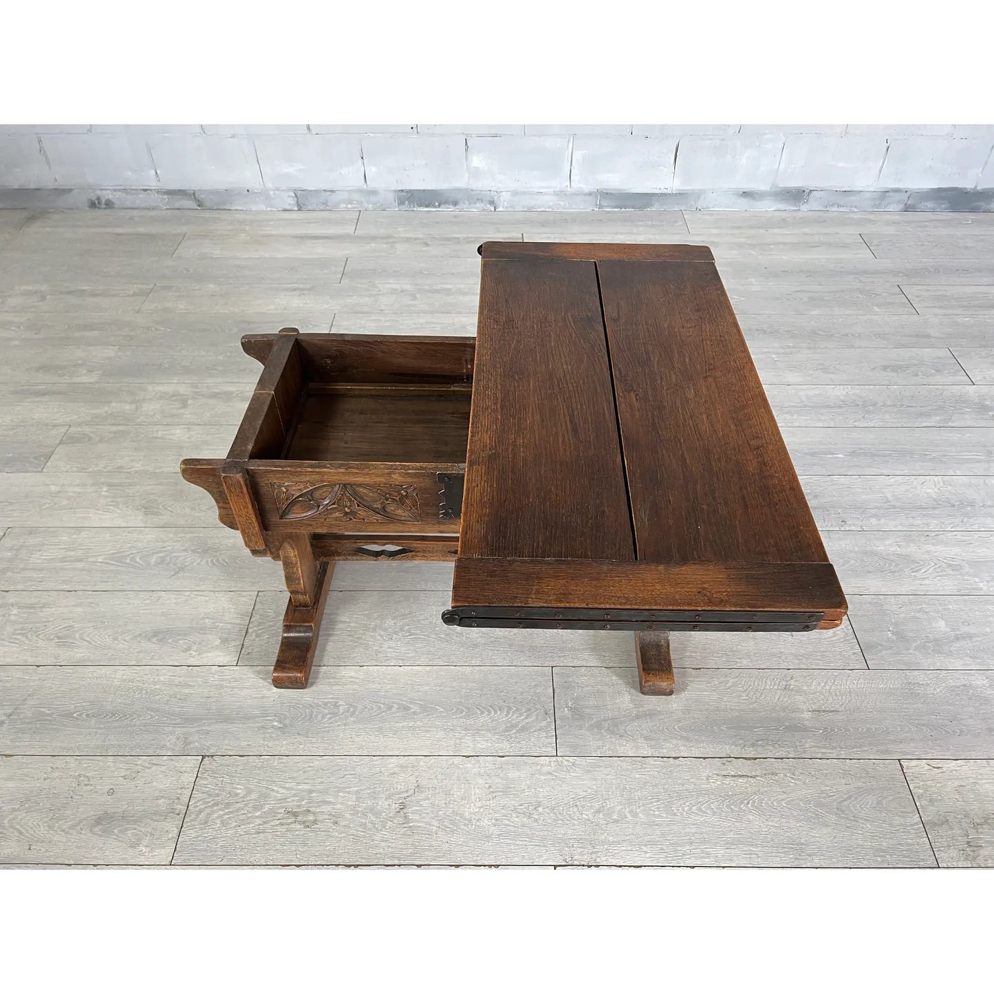 One of a Kind Antique Rustic Oak Extendable Coffee Side Table With Removable Top