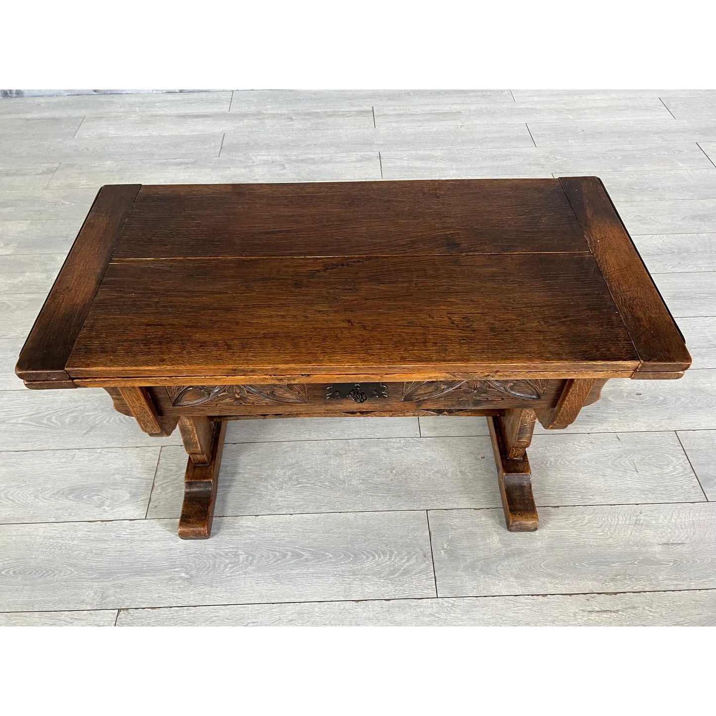 One of a Kind Antique Rustic Oak Extendable Coffee Side Table With Removable Top