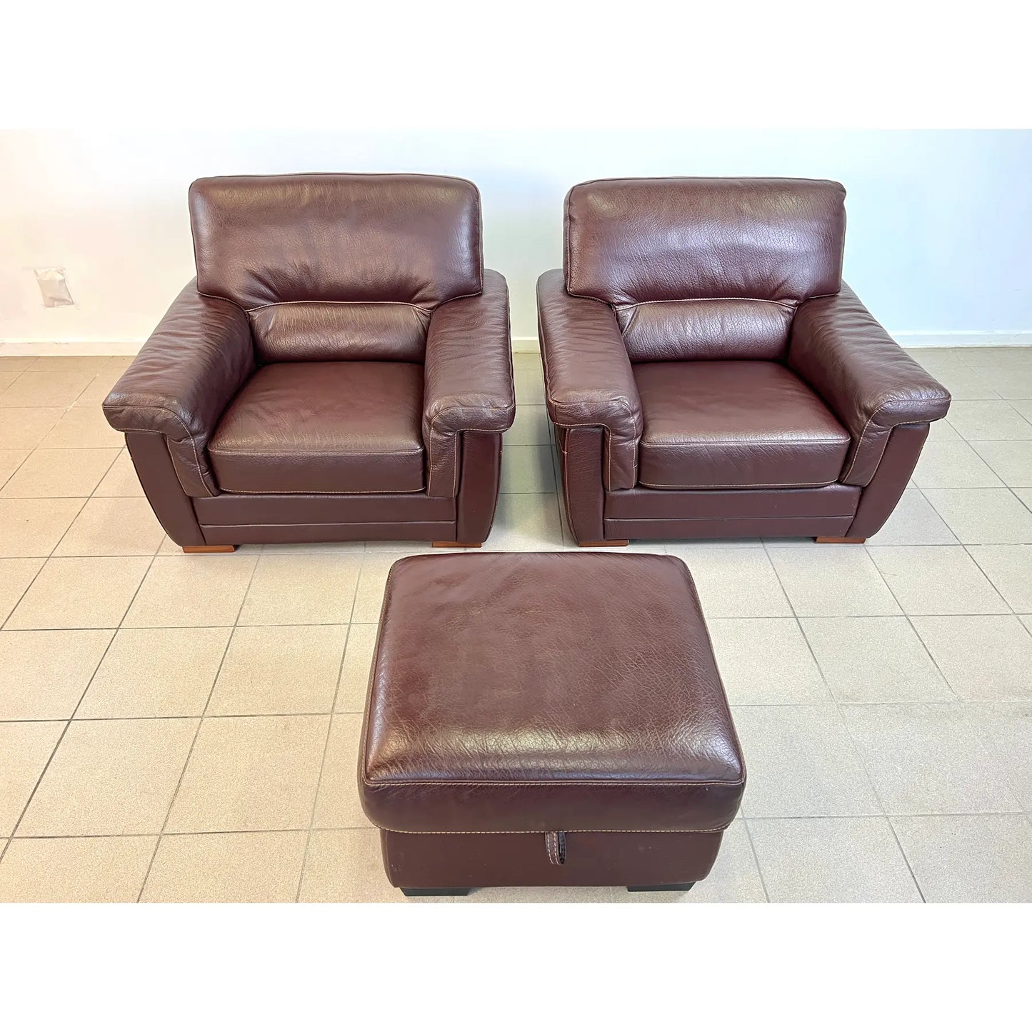Pair of Vintage Dutch Leather Armchairs With Ottoman