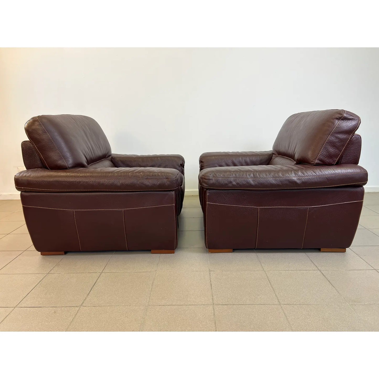Pair of Vintage Dutch Leather Armchairs With Ottoman