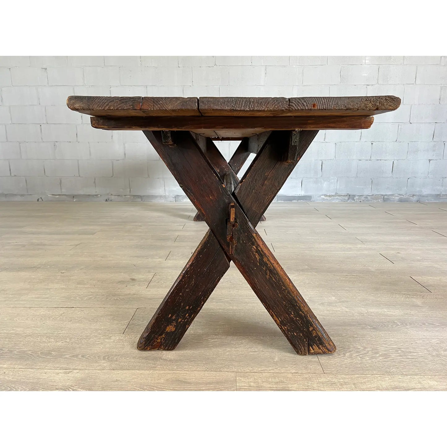 Rare 18c Scandinavian Pine Trestle Dining Table With X-Legs Base