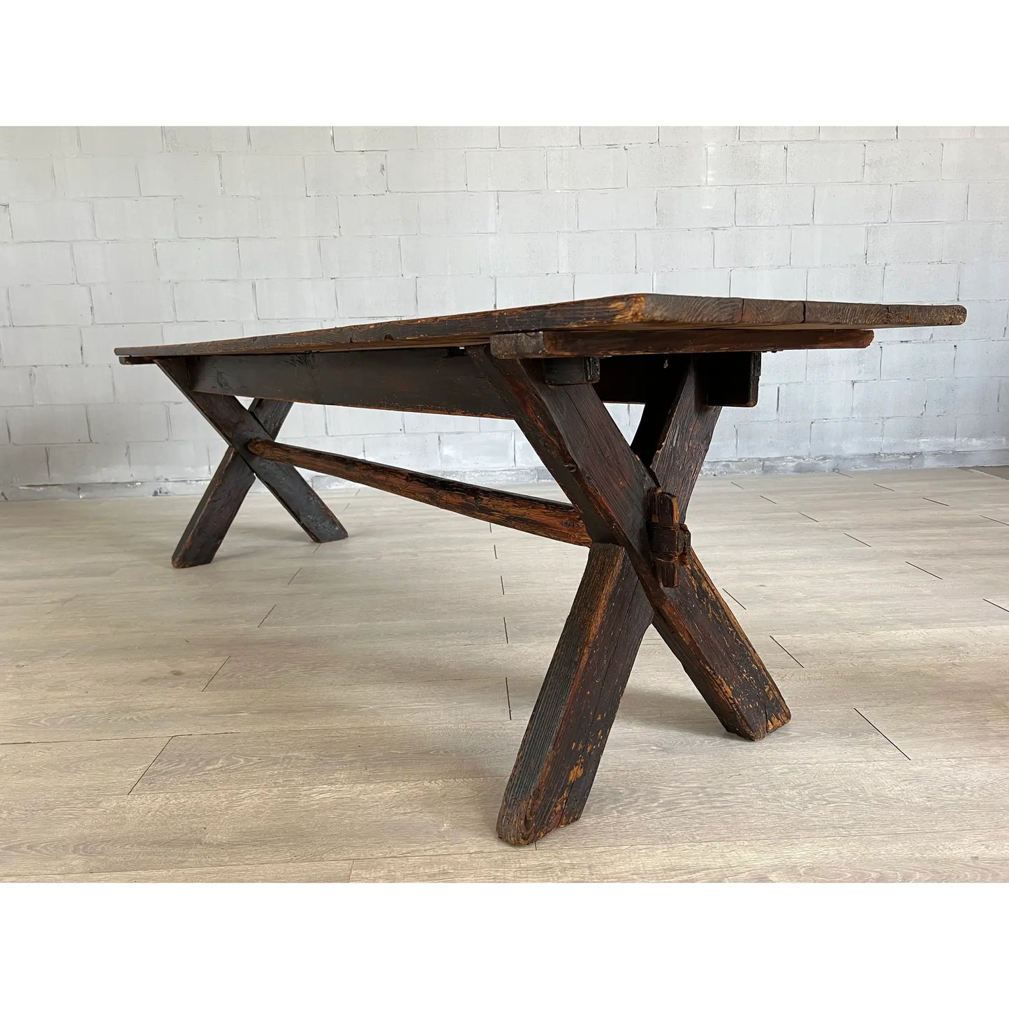 Rare 18c Scandinavian Pine Trestle Dining Table With X-Legs Base