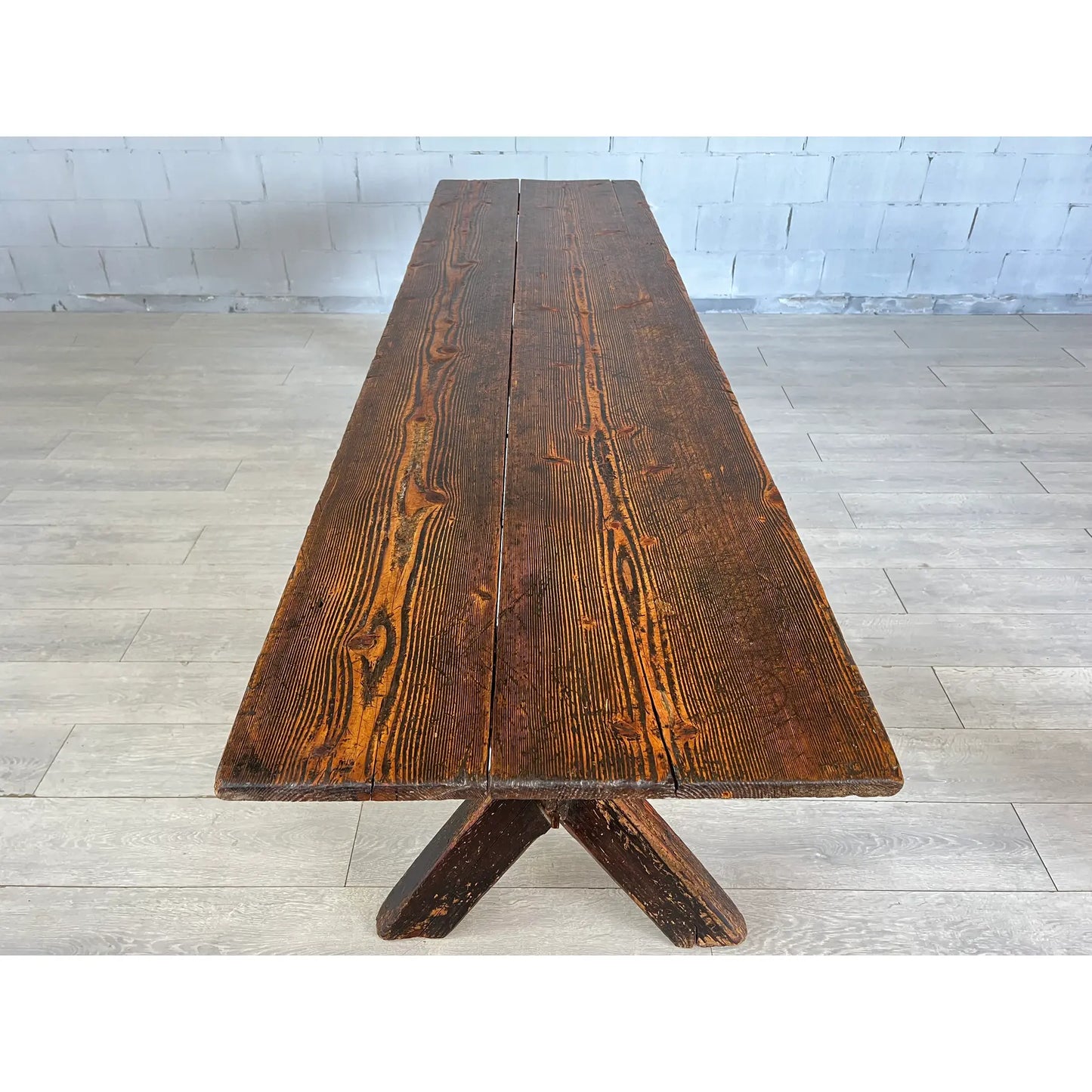 Rare 18c Scandinavian Pine Trestle Dining Table With X-Legs Base