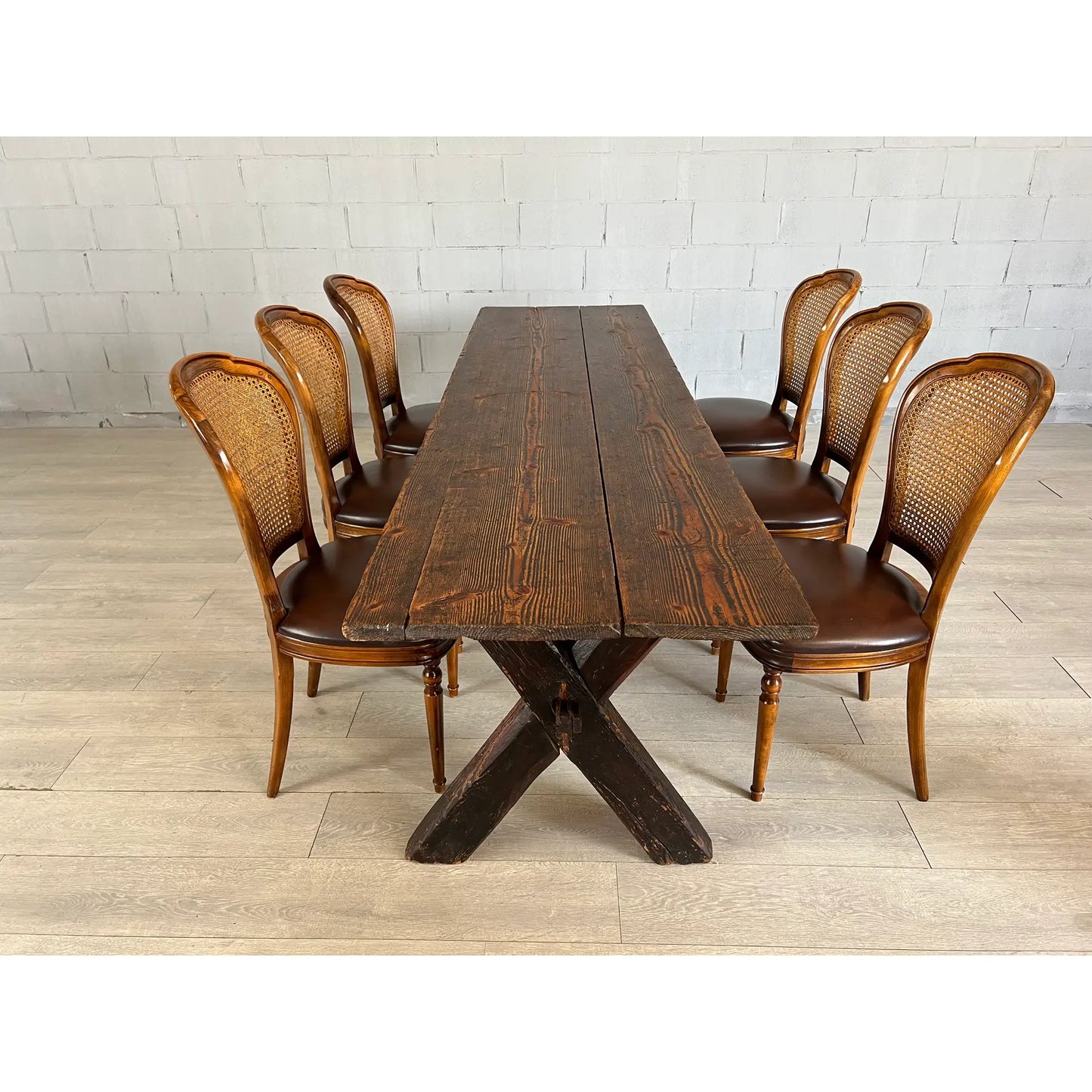 Rare 18c Scandinavian Pine Trestle Dining Table With X-Legs Base