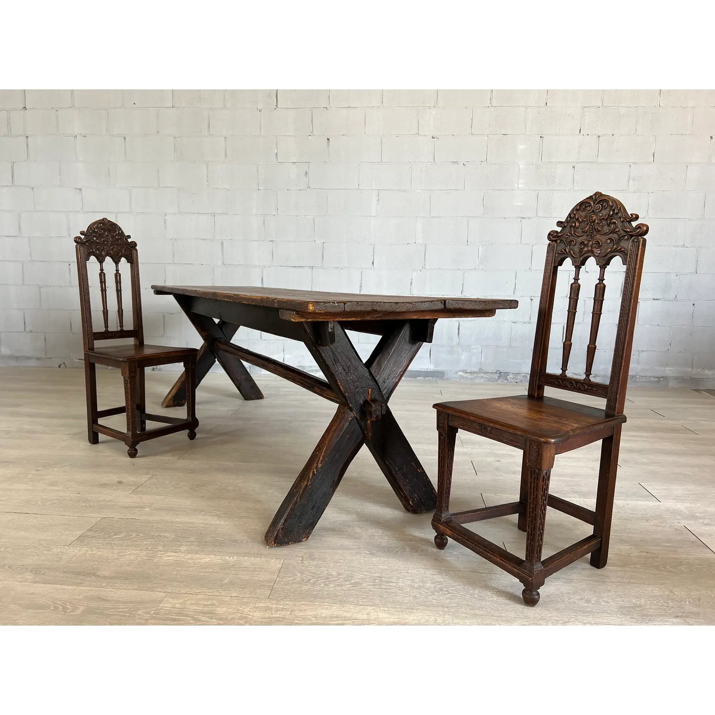 Rare 18c Scandinavian Pine Trestle Dining Table With X-Legs Base