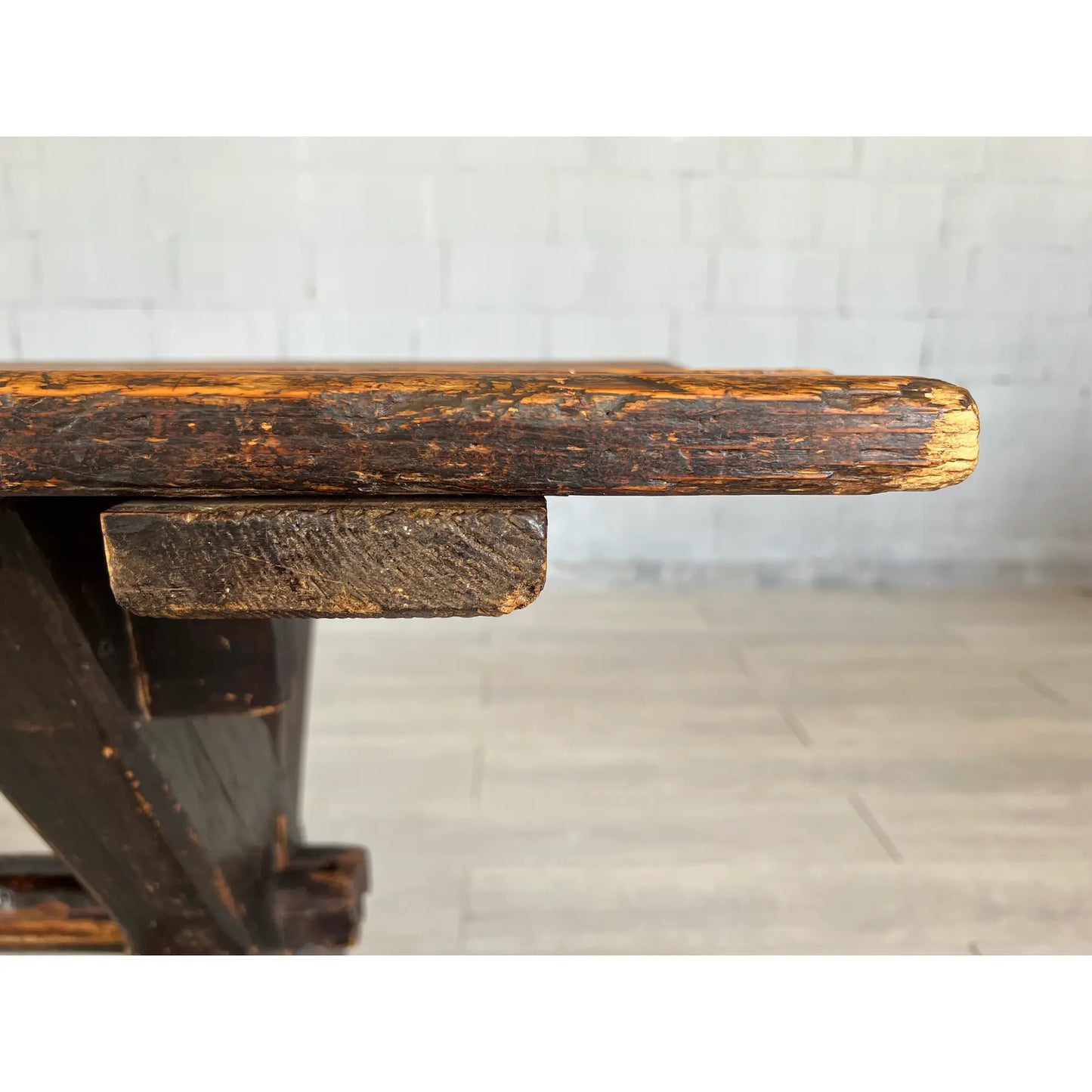 Rare 18c Scandinavian Pine Trestle Dining Table With X-Legs Base
