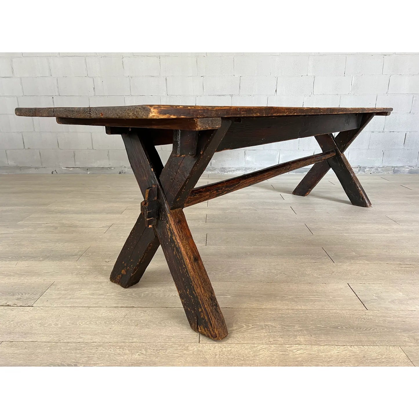 Rare 18c Scandinavian Pine Trestle Dining Table With X-Legs Base
