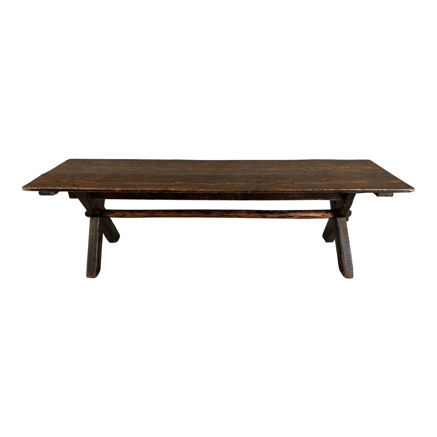 Rare 18c Scandinavian Pine Trestle Dining Table With X-Legs Base