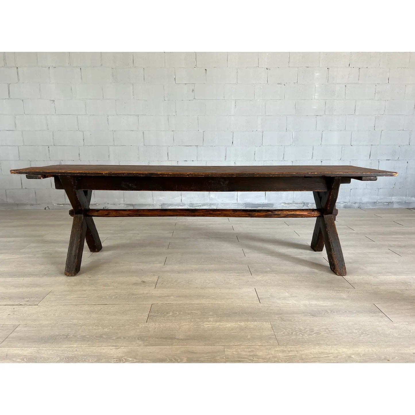 Rare 18c Scandinavian Pine Trestle Dining Table With X-Legs Base