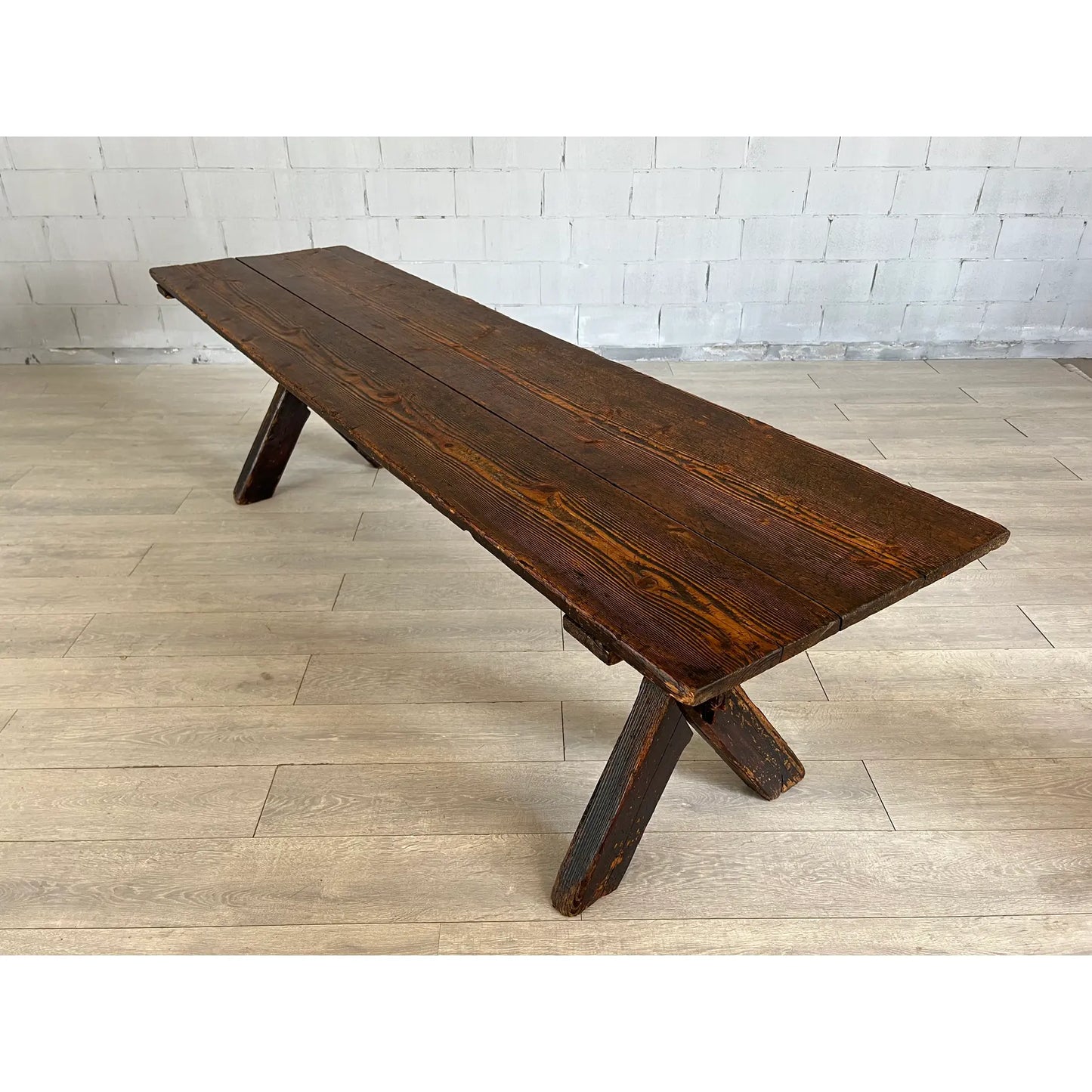 Rare 18c Scandinavian Pine Trestle Dining Table With X-Legs Base