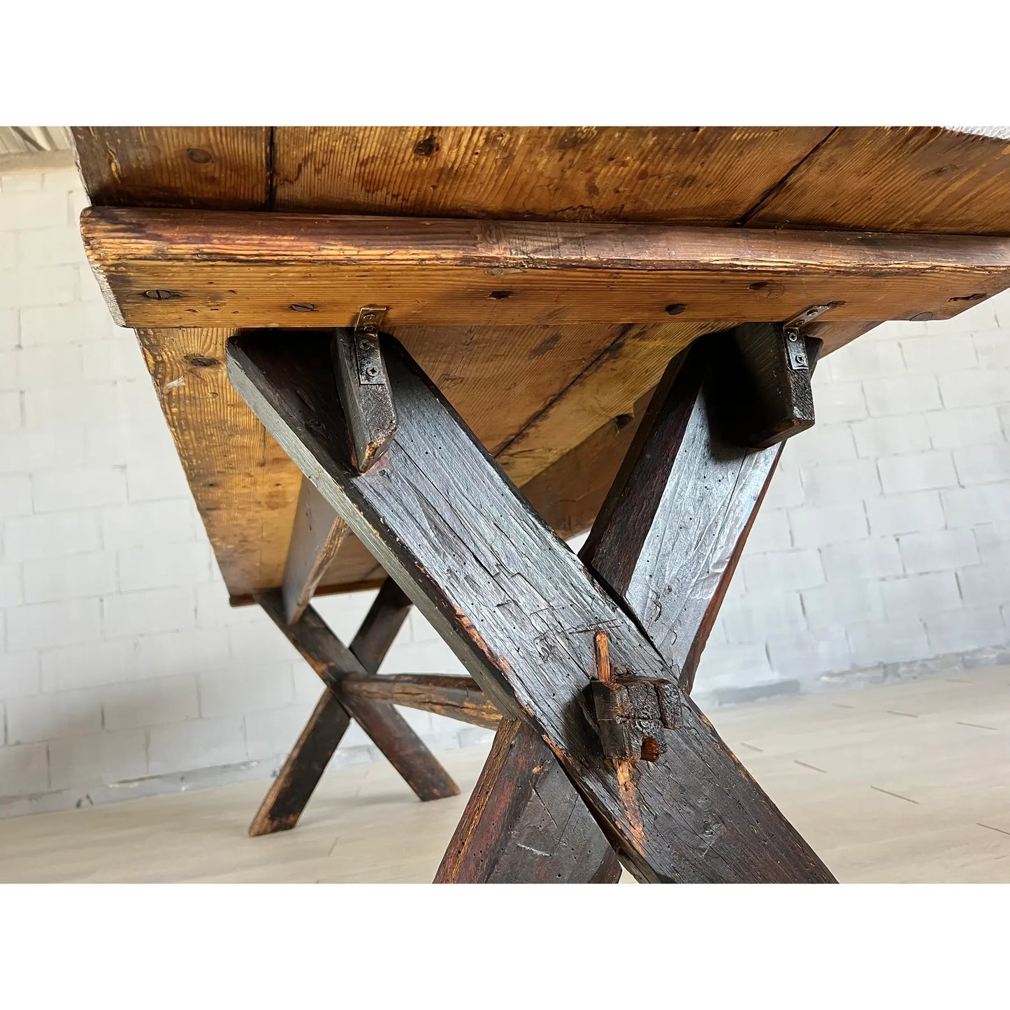 Rare 18c Scandinavian Pine Trestle Dining Table With X-Legs Base
