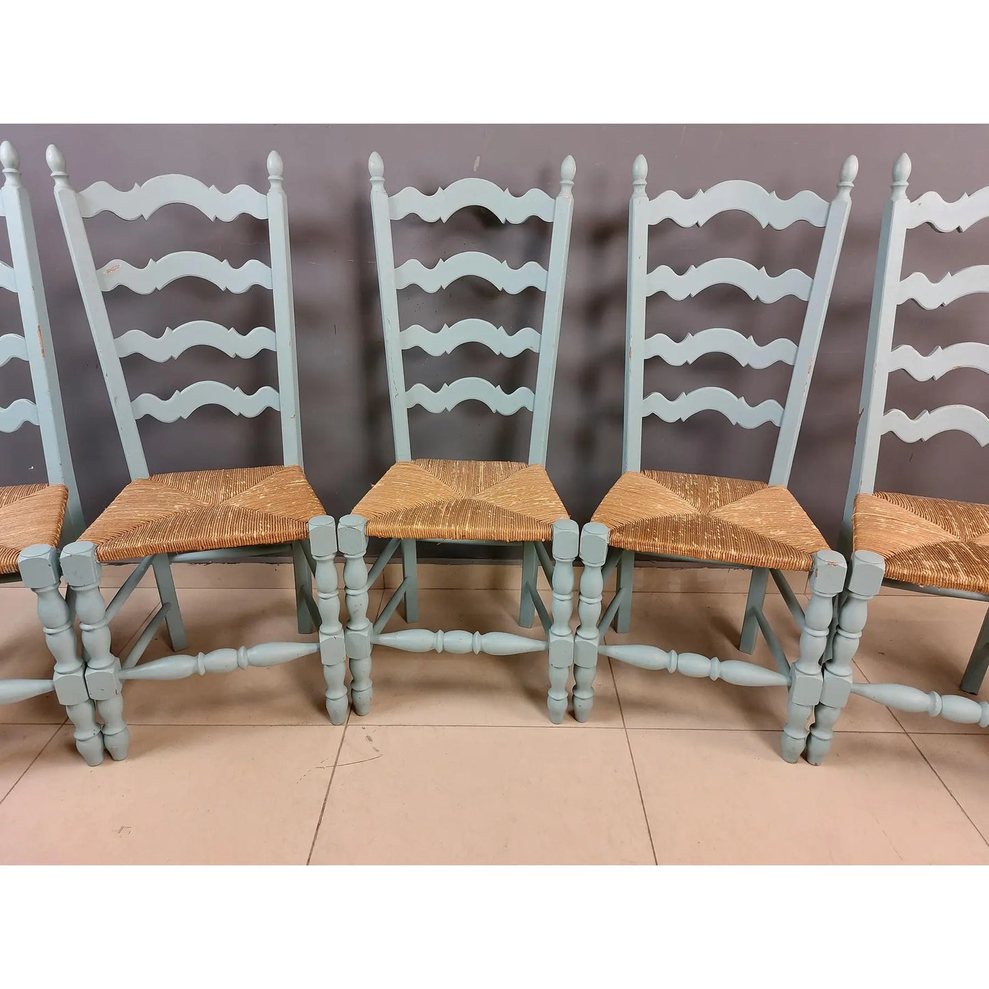 Vintage French Farmhouse Blue Painted Dining Chairs With Rush Woven Seats - Set of 6