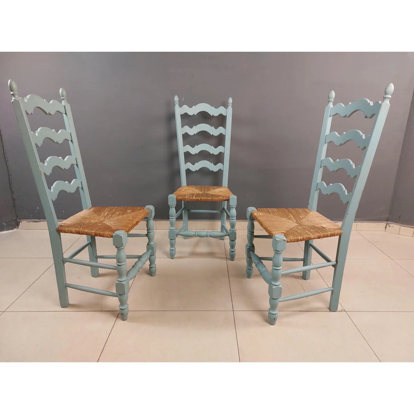 Vintage French Farmhouse Blue Painted Dining Chairs With Rush Woven Seats - Set of 6