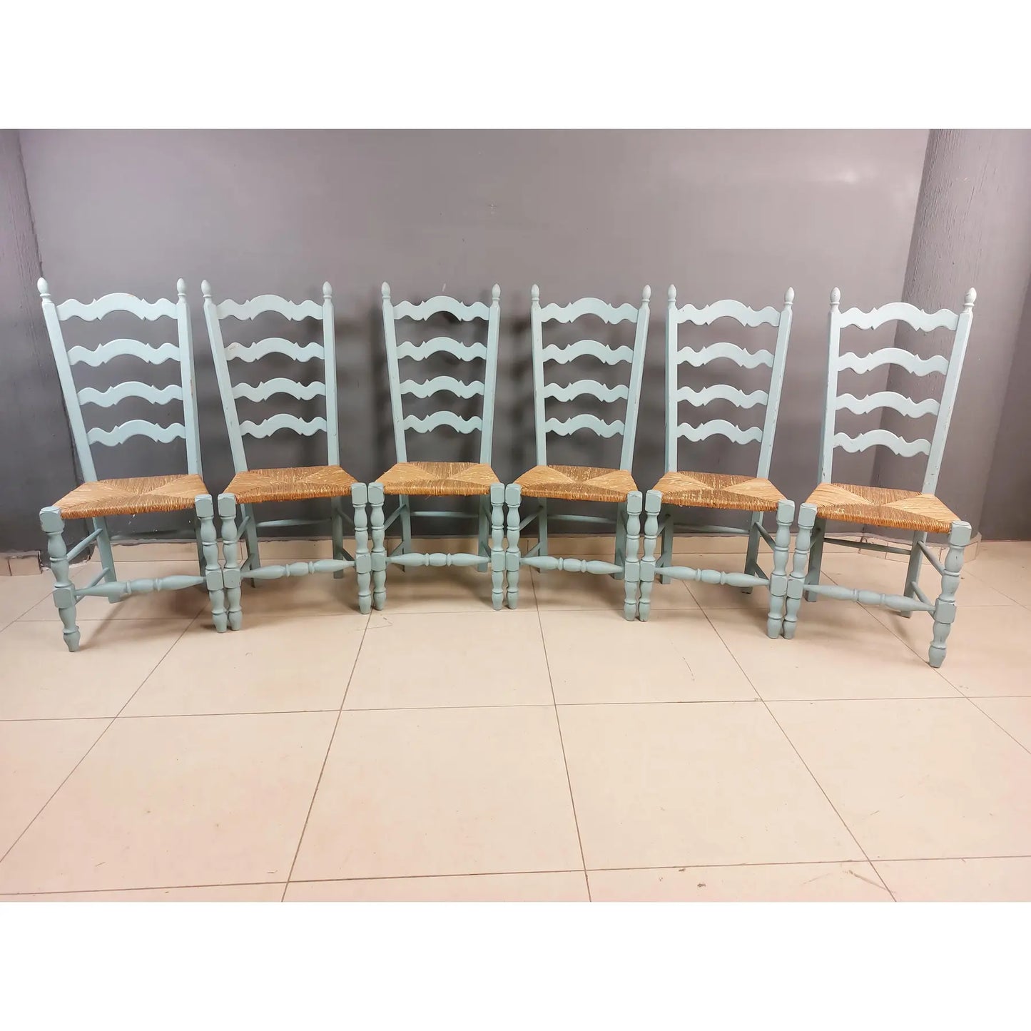Vintage French Farmhouse Blue Painted Dining Chairs With Rush Woven Seats - Set of 6