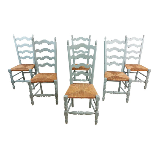 Vintage French Farmhouse Blue Painted Dining Chairs With Rush Woven Seats - Set of 6