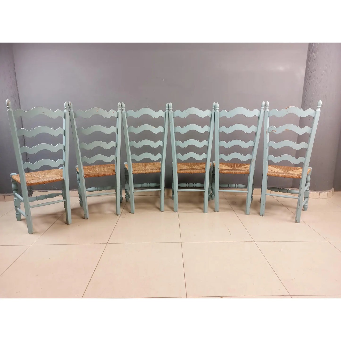 Vintage French Farmhouse Blue Painted Dining Chairs With Rush Woven Seats - Set of 6