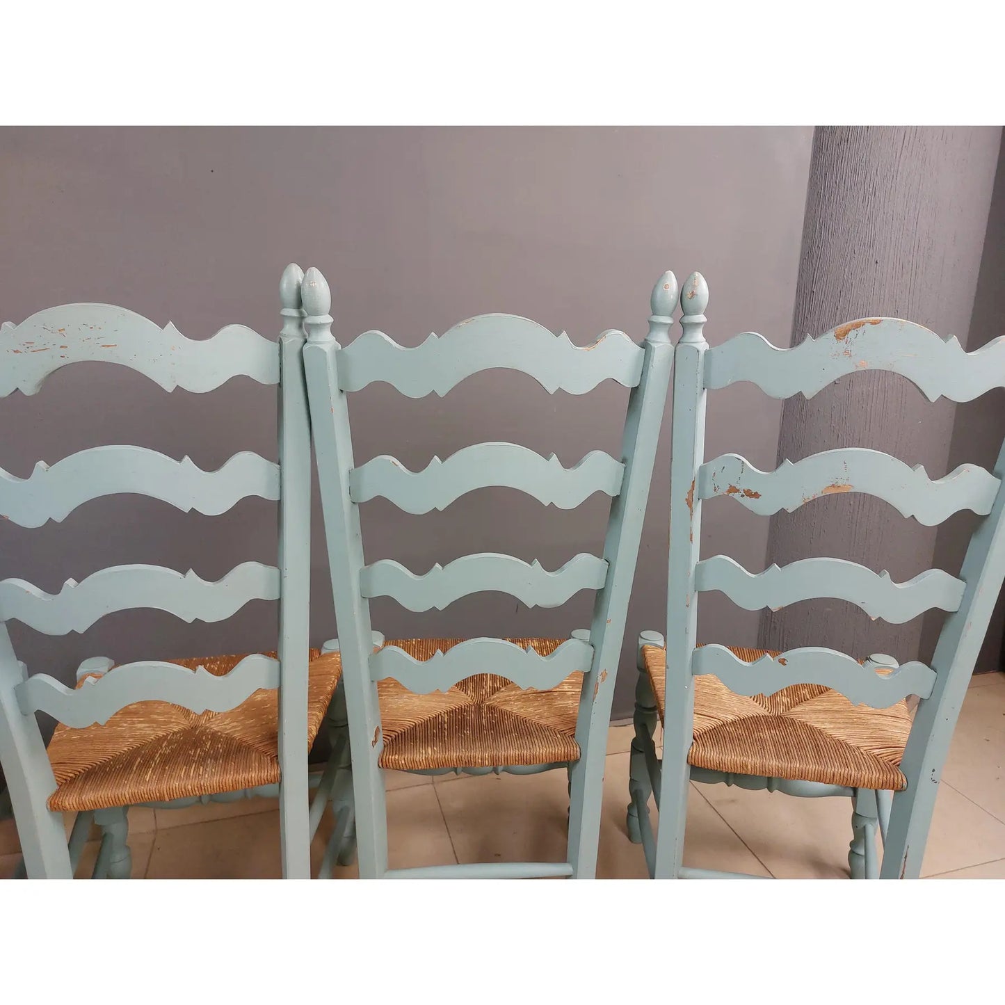 Vintage French Farmhouse Blue Painted Dining Chairs With Rush Woven Seats - Set of 6