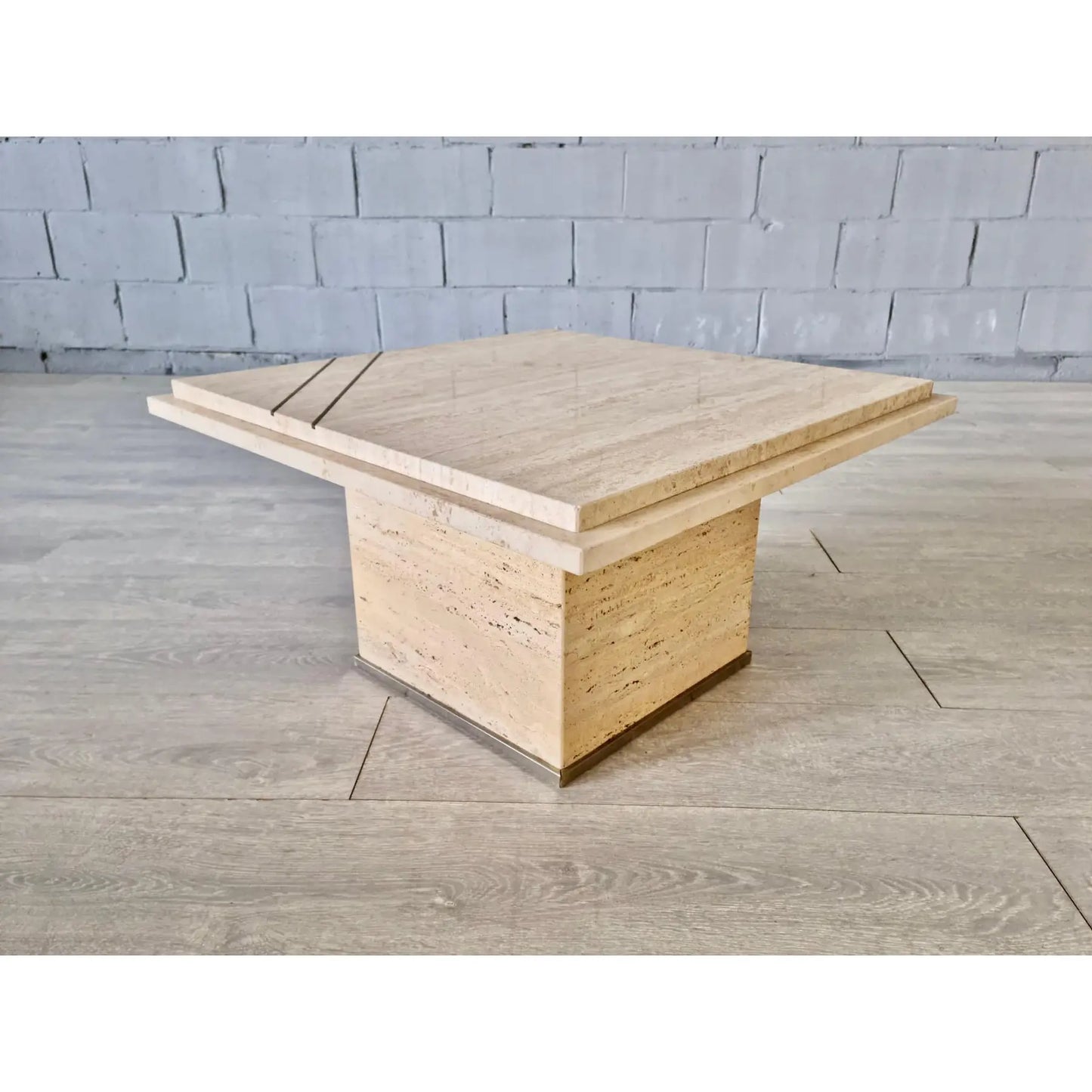 Vintage Mid Century Modern Travertine and Metal Coffee Table Willy Rizzo Style