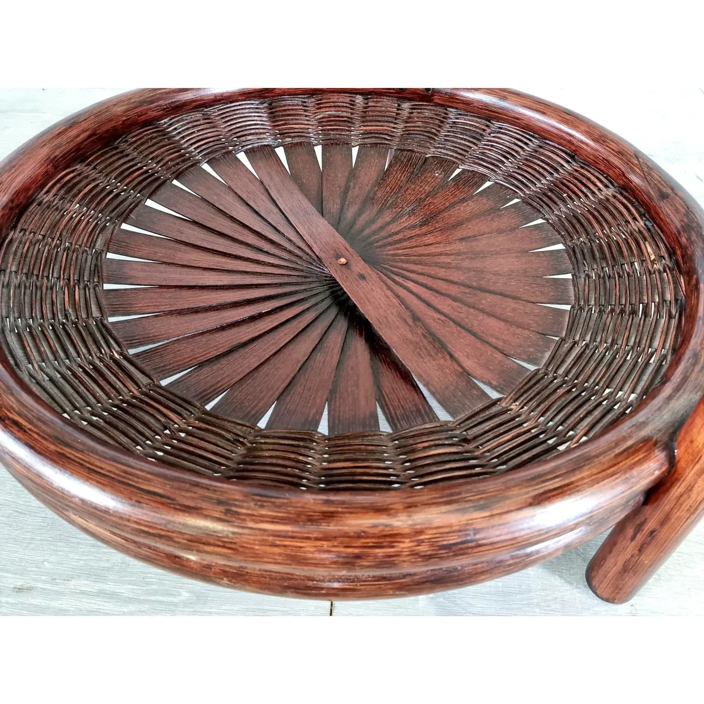 Vintage Three-Tiered Round Bamboo Cane Coffee Side Table