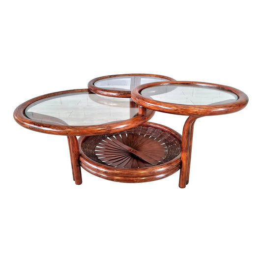 Vintage Three-Tiered Round Bamboo Cane Coffee Side Table
