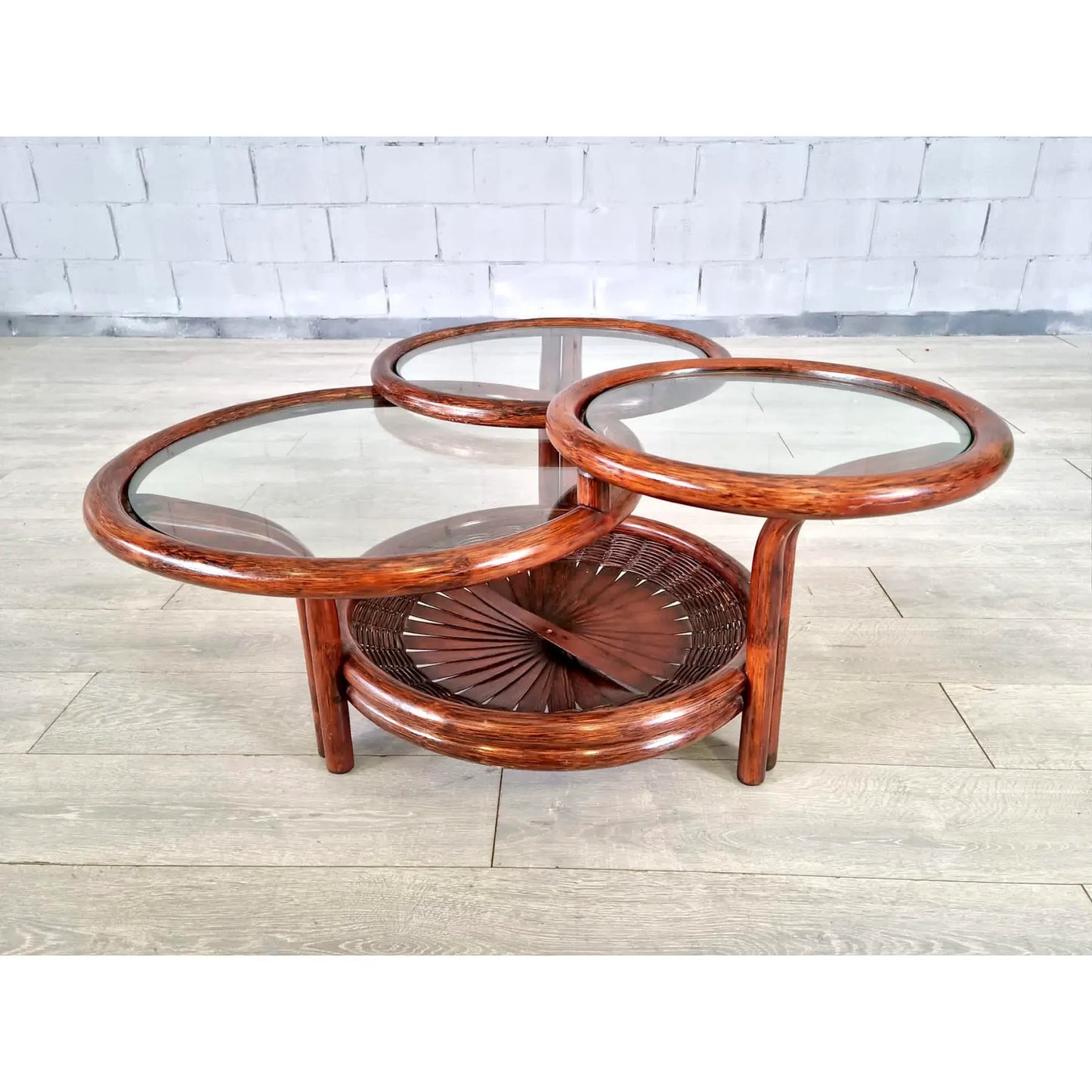 Vintage Three-Tiered Round Bamboo Cane Coffee Side Table