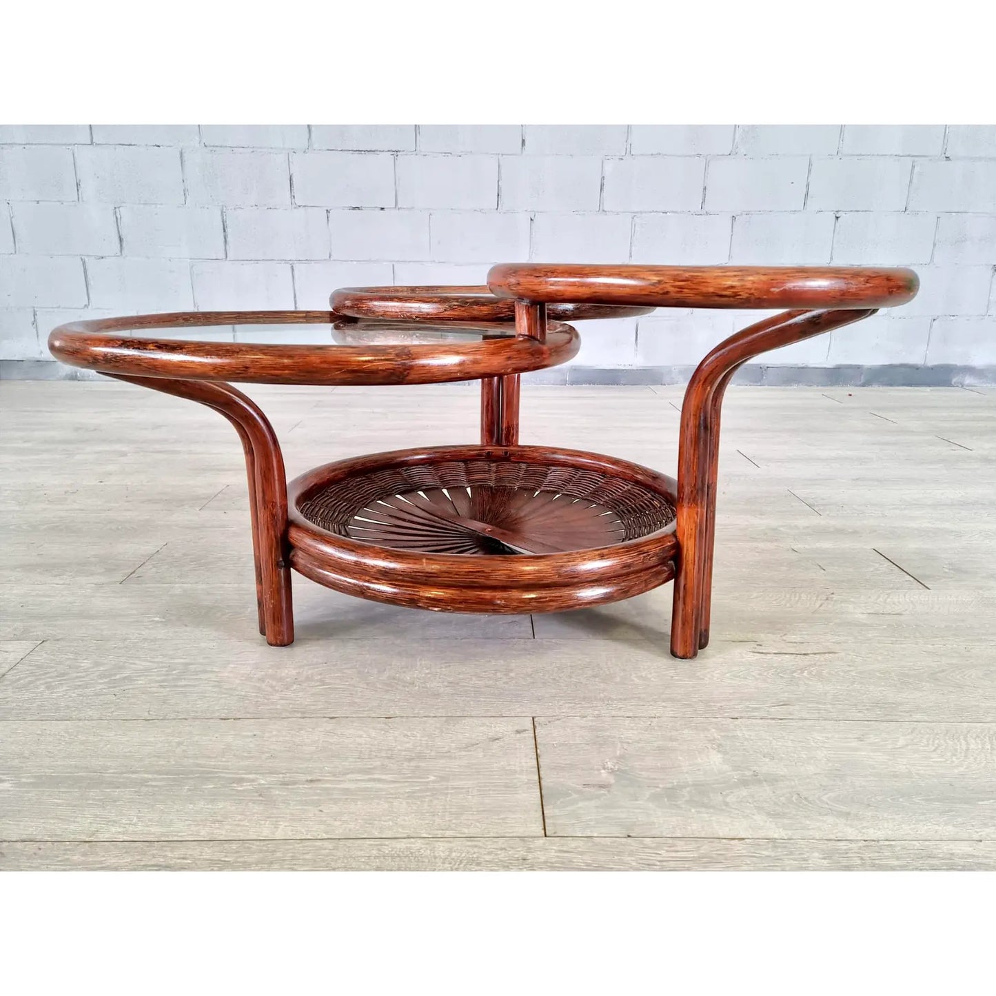 Vintage Three-Tiered Round Bamboo Cane Coffee Side Table