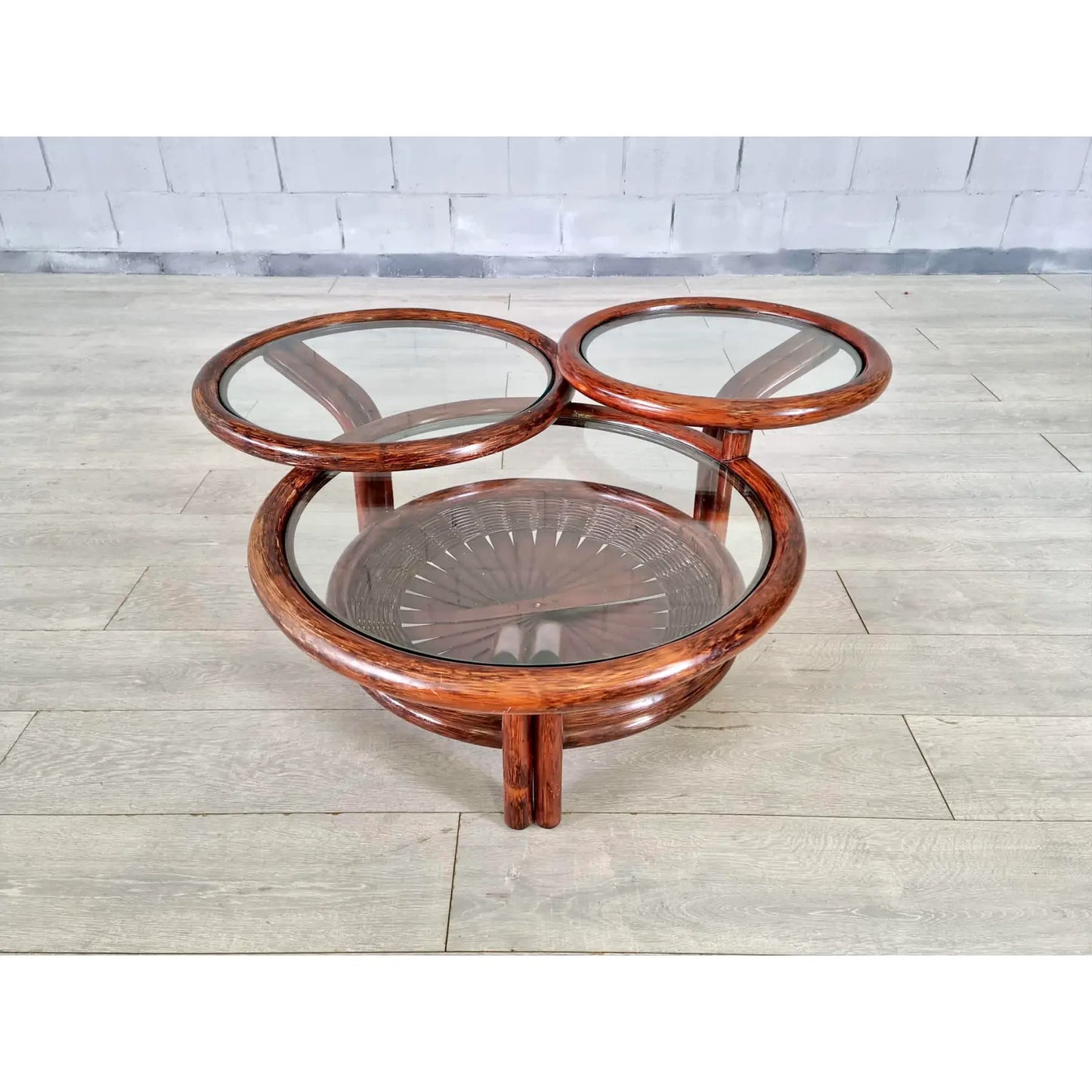 Vintage Three-Tiered Round Bamboo Cane Coffee Side Table