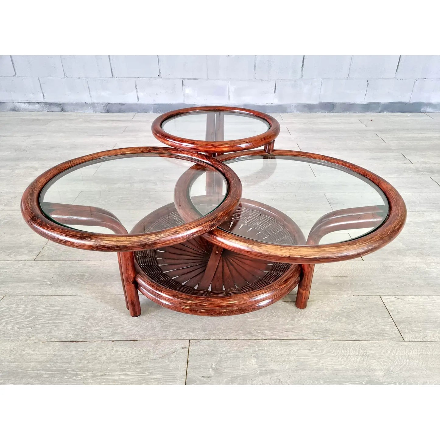 Vintage Three-Tiered Round Bamboo Cane Coffee Side Table