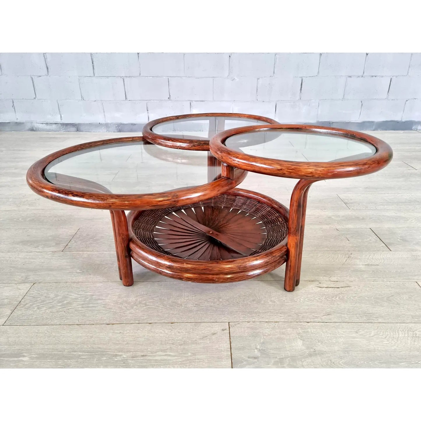 Vintage Three-Tiered Round Bamboo Cane Coffee Side Table