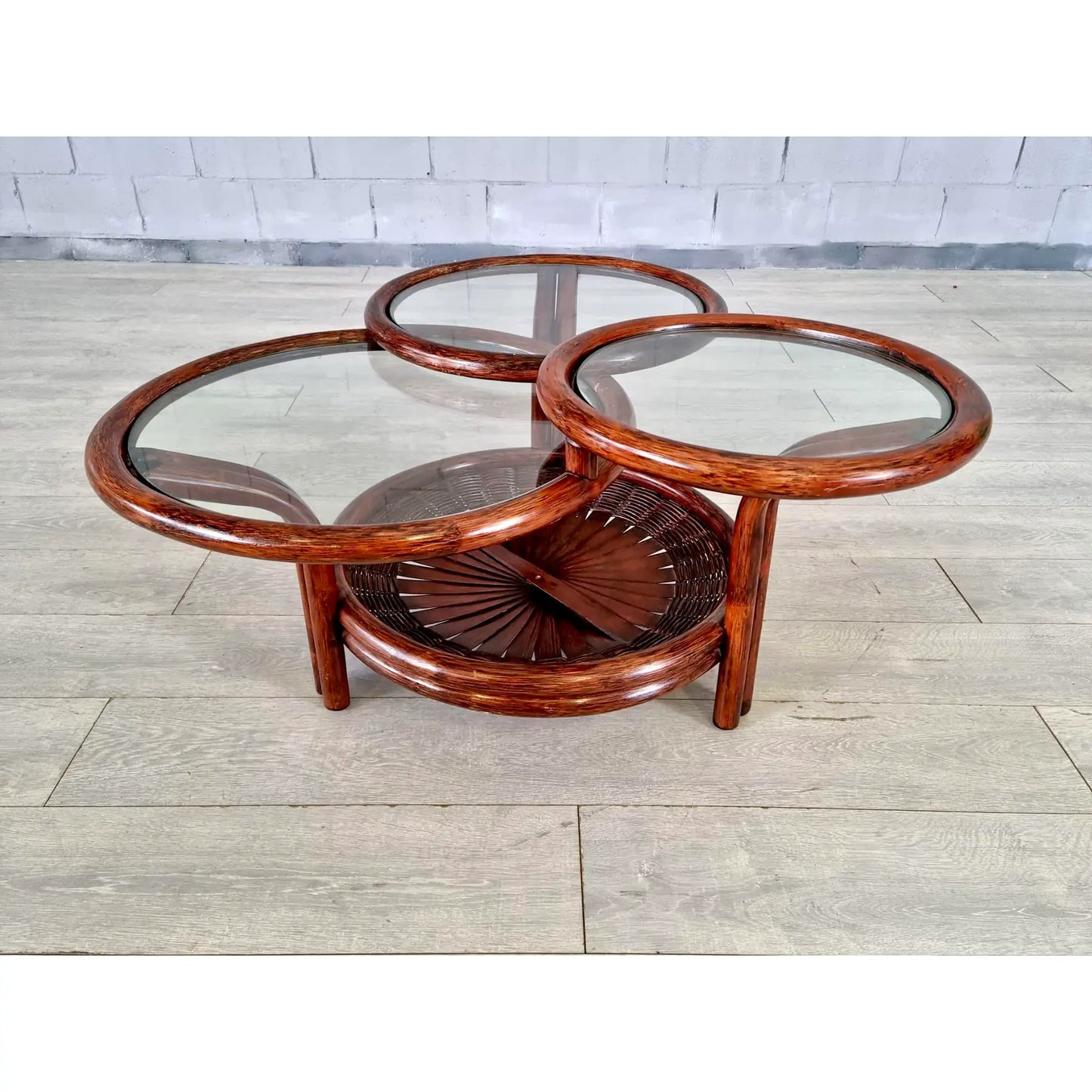 Vintage Three-Tiered Round Bamboo Cane Coffee Side Table