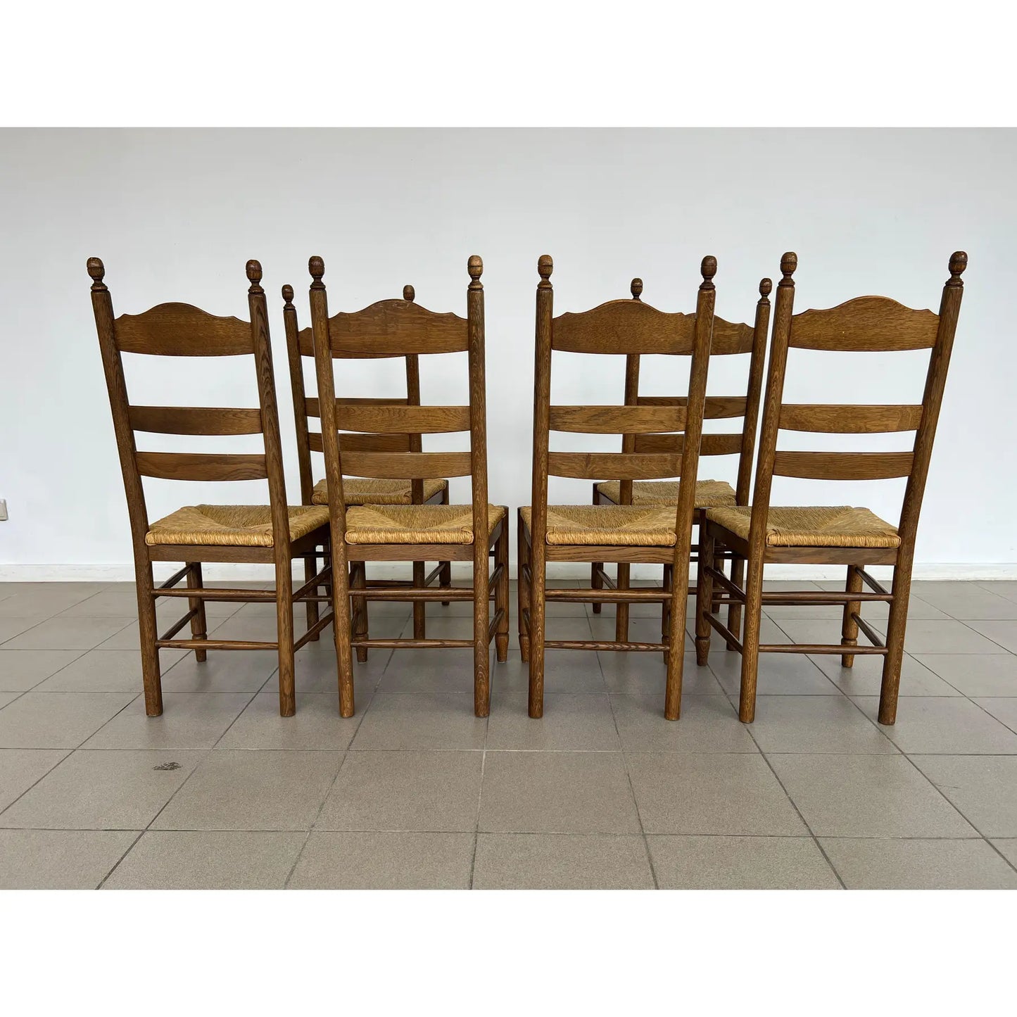 French Farmhouse Oak Ladder Back Dining Chairs With Rush Woven Seats – Set of 6