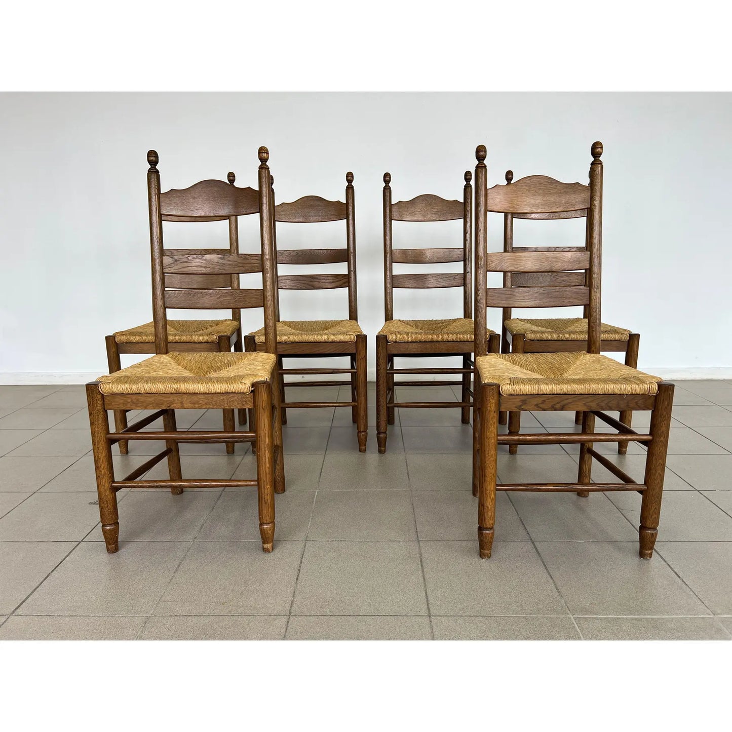 French Farmhouse Oak Ladder Back Dining Chairs With Rush Woven Seats – Set of 6