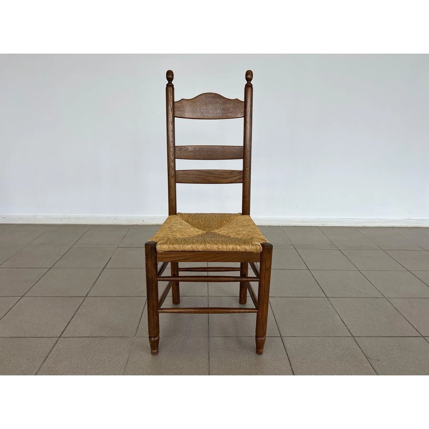 French Farmhouse Oak Ladder Back Dining Chairs With Rush Woven Seats – Set of 6