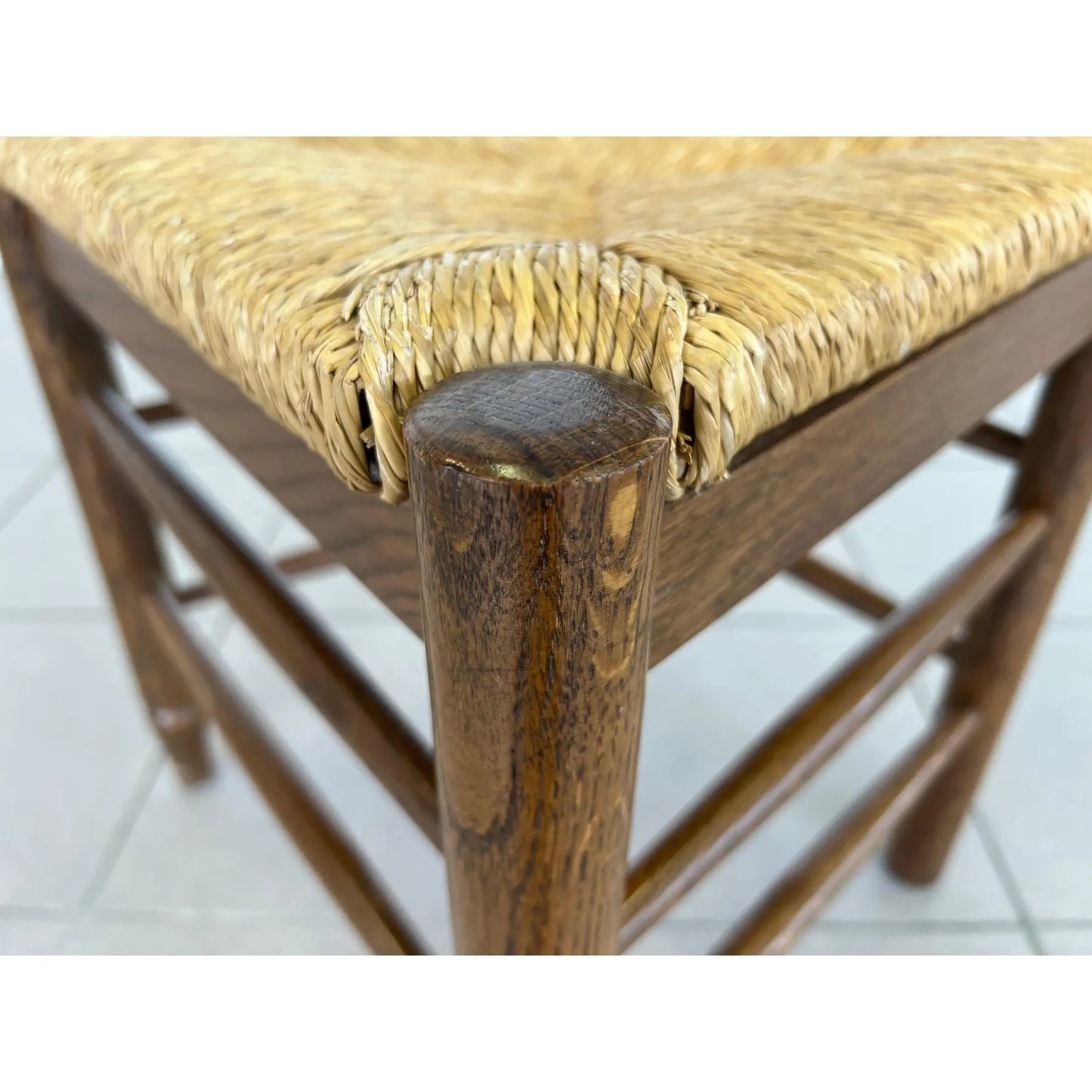 French Farmhouse Oak Ladder Back Dining Chairs With Rush Woven Seats – Set of 6