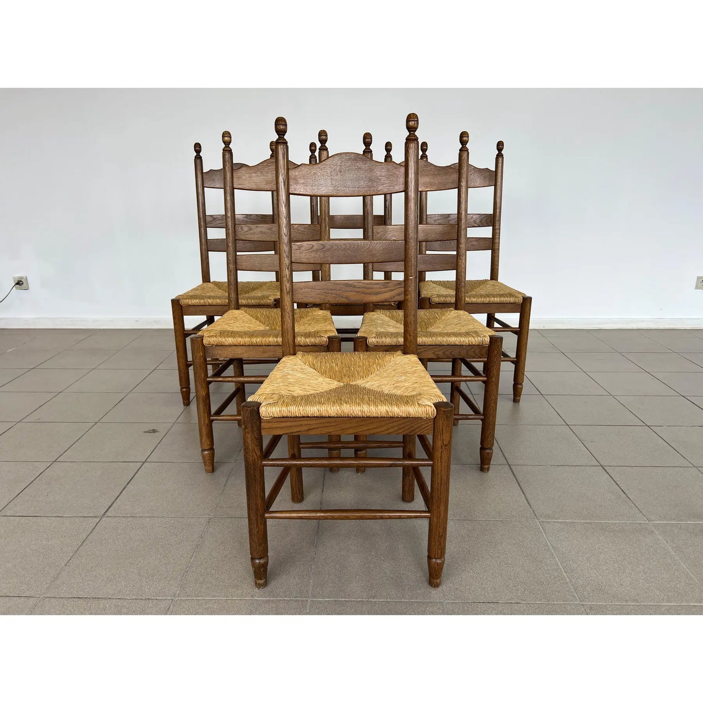 French Farmhouse Oak Ladder Back Dining Chairs With Rush Woven Seats – Set of 6