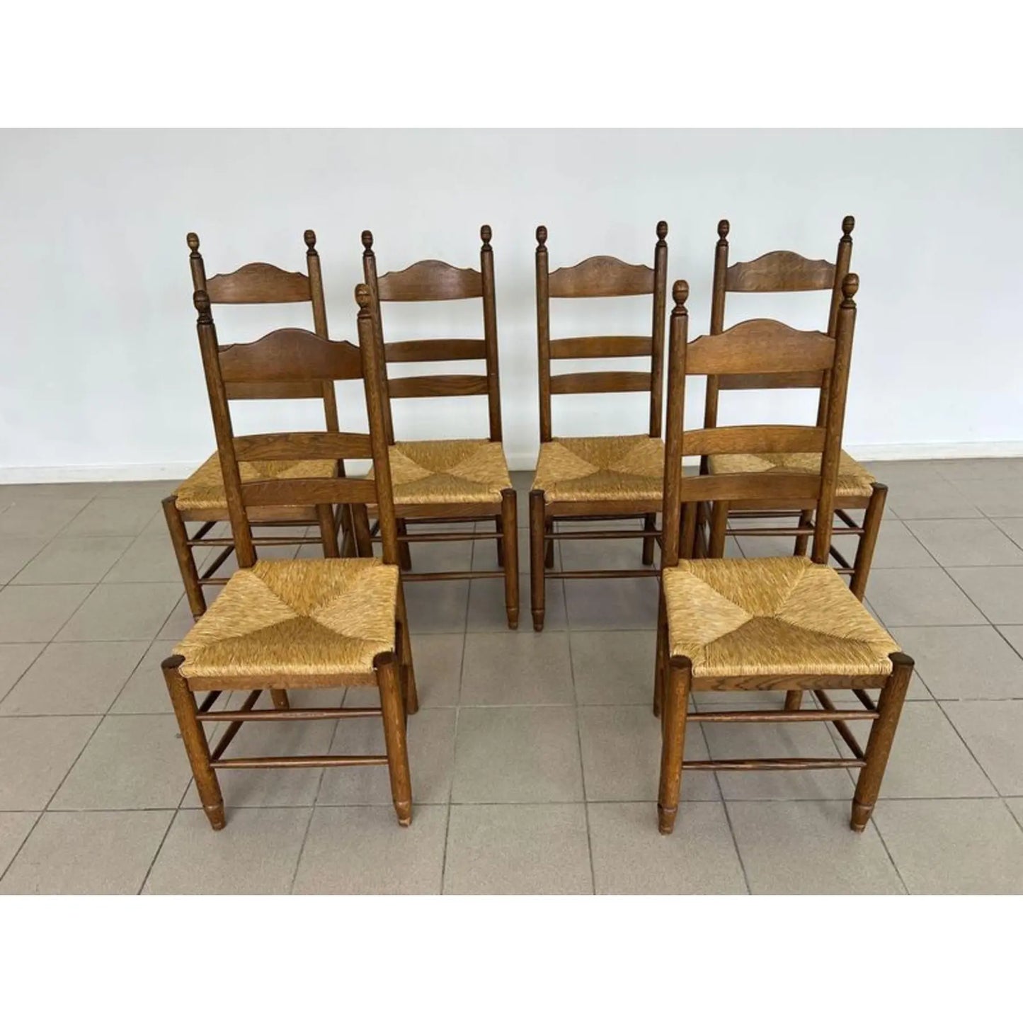 French Farmhouse Oak Ladder Back Dining Chairs With Rush Woven Seats – Set of 6