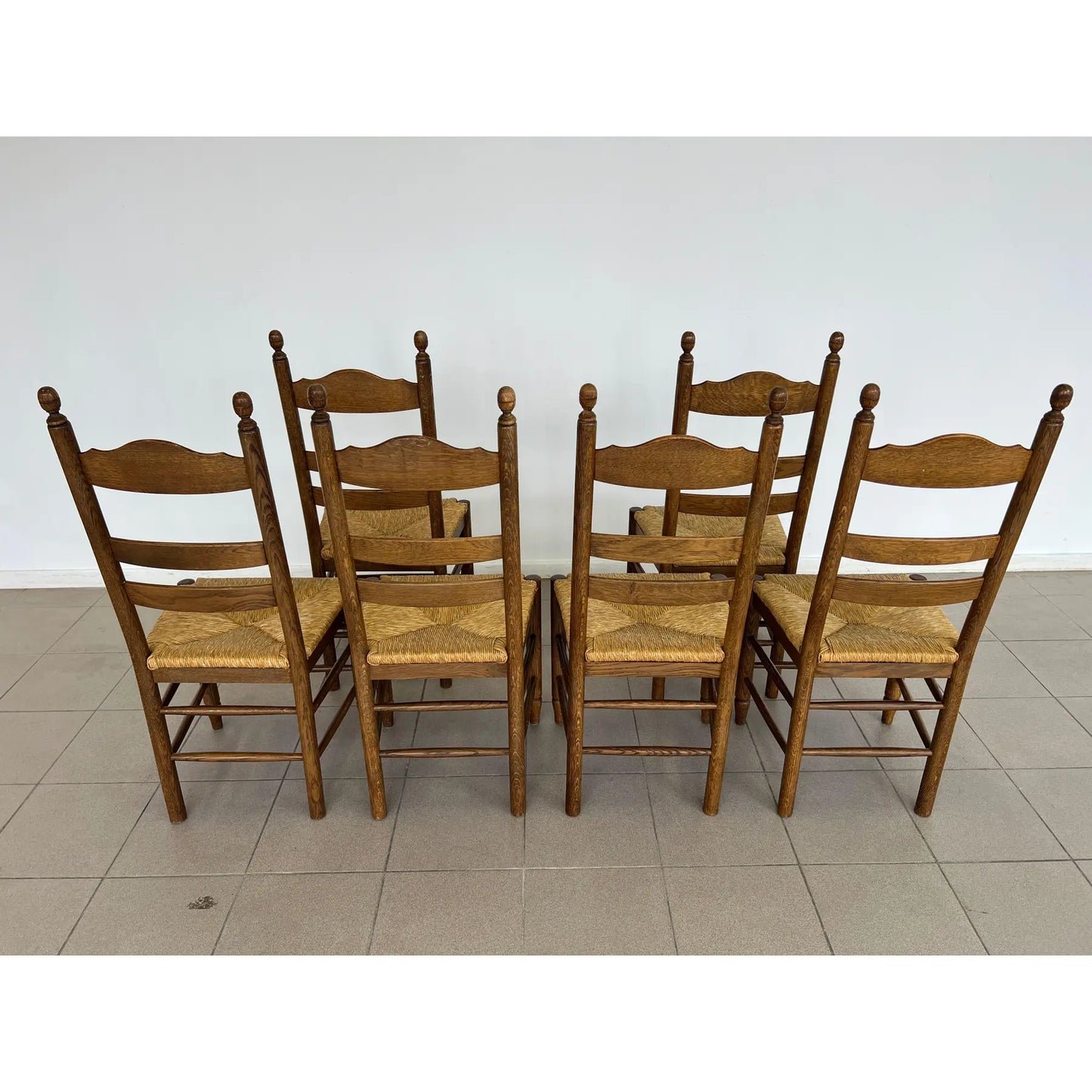 French Farmhouse Oak Ladder Back Dining Chairs With Rush Woven Seats – Set of 6