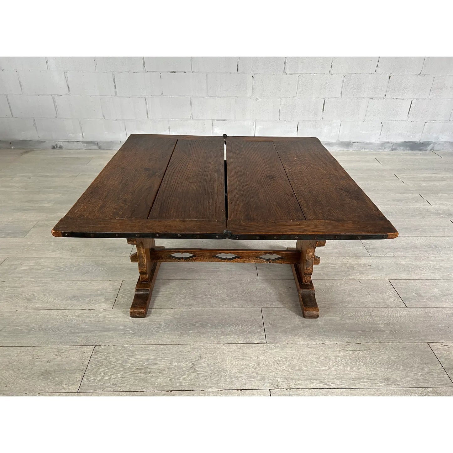 One of a Kind Antique Rustic Oak Extendable Coffee Side Table With Removable Top