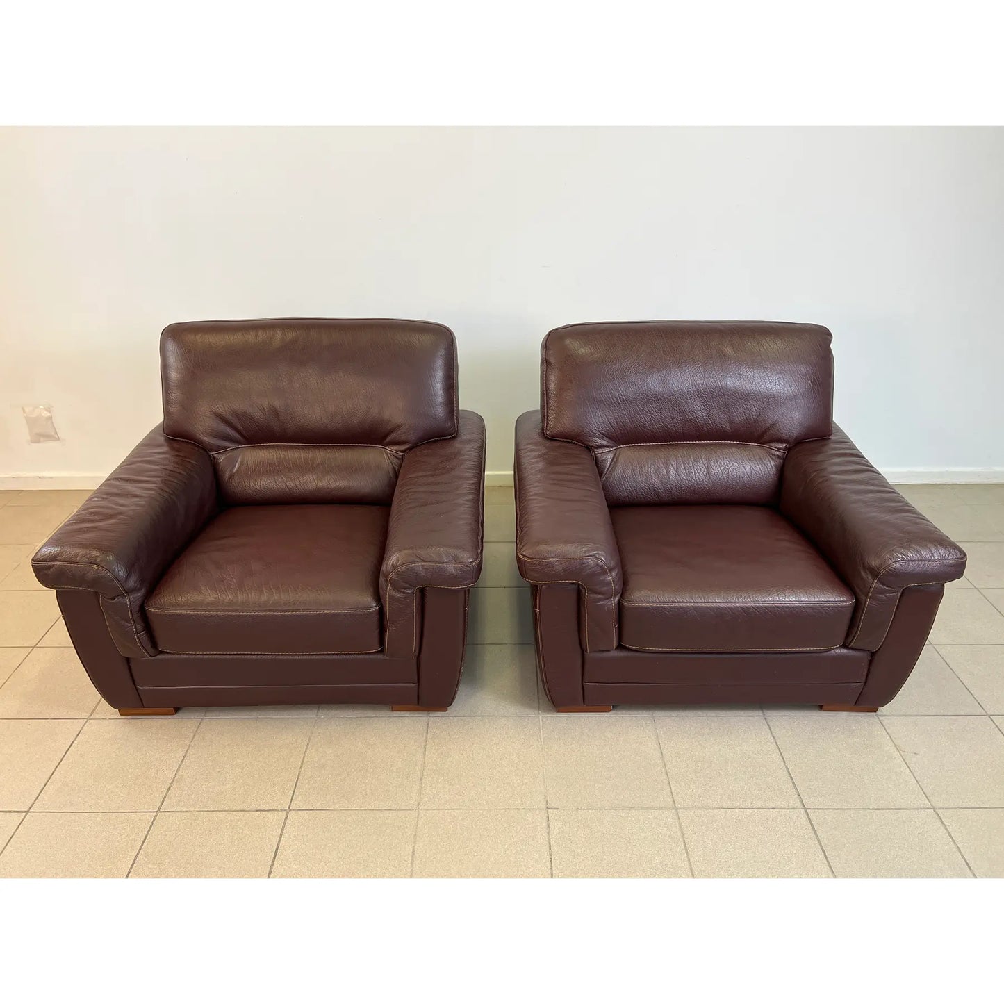 Pair of Vintage Dutch Leather Armchairs With Ottoman