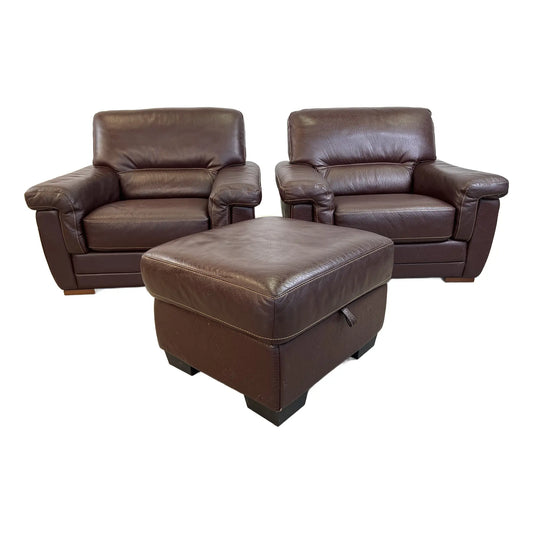 Pair of Vintage Dutch Leather Armchairs With Ottoman