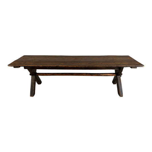 Rare 18c Scandinavian Pine Trestle Dining Table With X-Legs Base