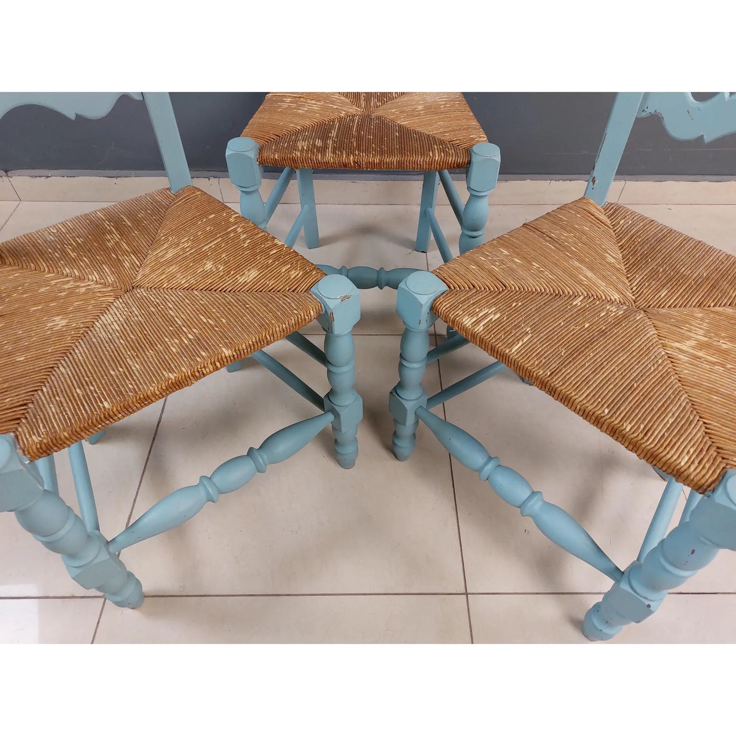 Vintage French Farmhouse Blue Painted Dining Chairs With Rush Woven Seats - Set of 6