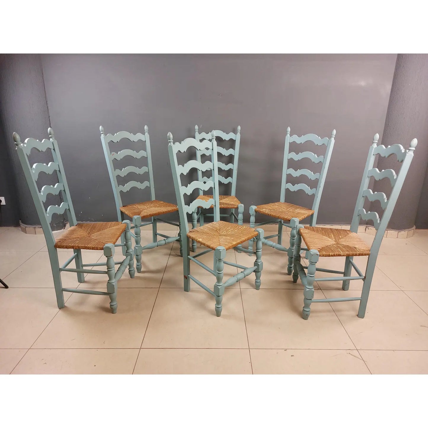 Vintage French Farmhouse Blue Painted Dining Chairs With Rush Woven Seats - Set of 6