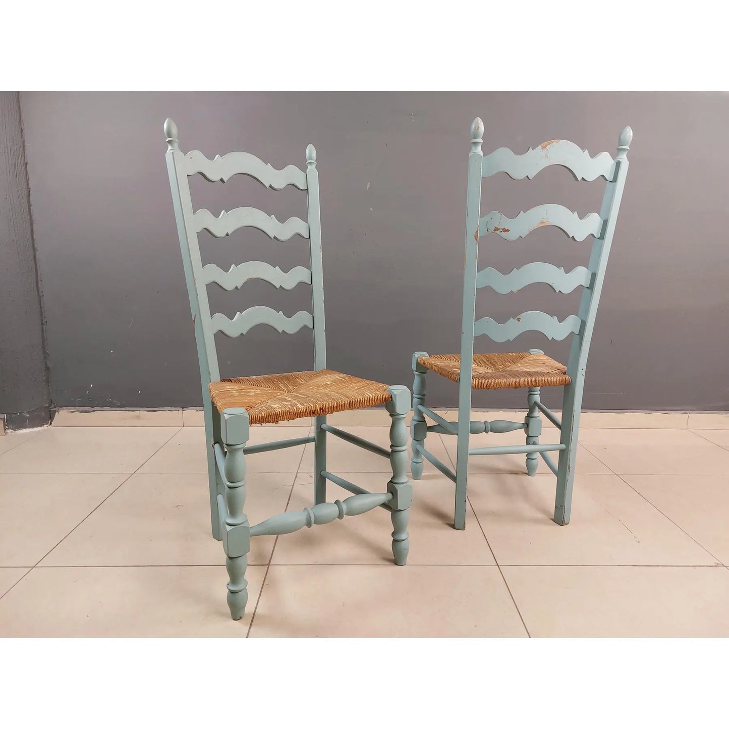 Vintage French Farmhouse Blue Painted Dining Chairs With Rush Woven Seats - Set of 6