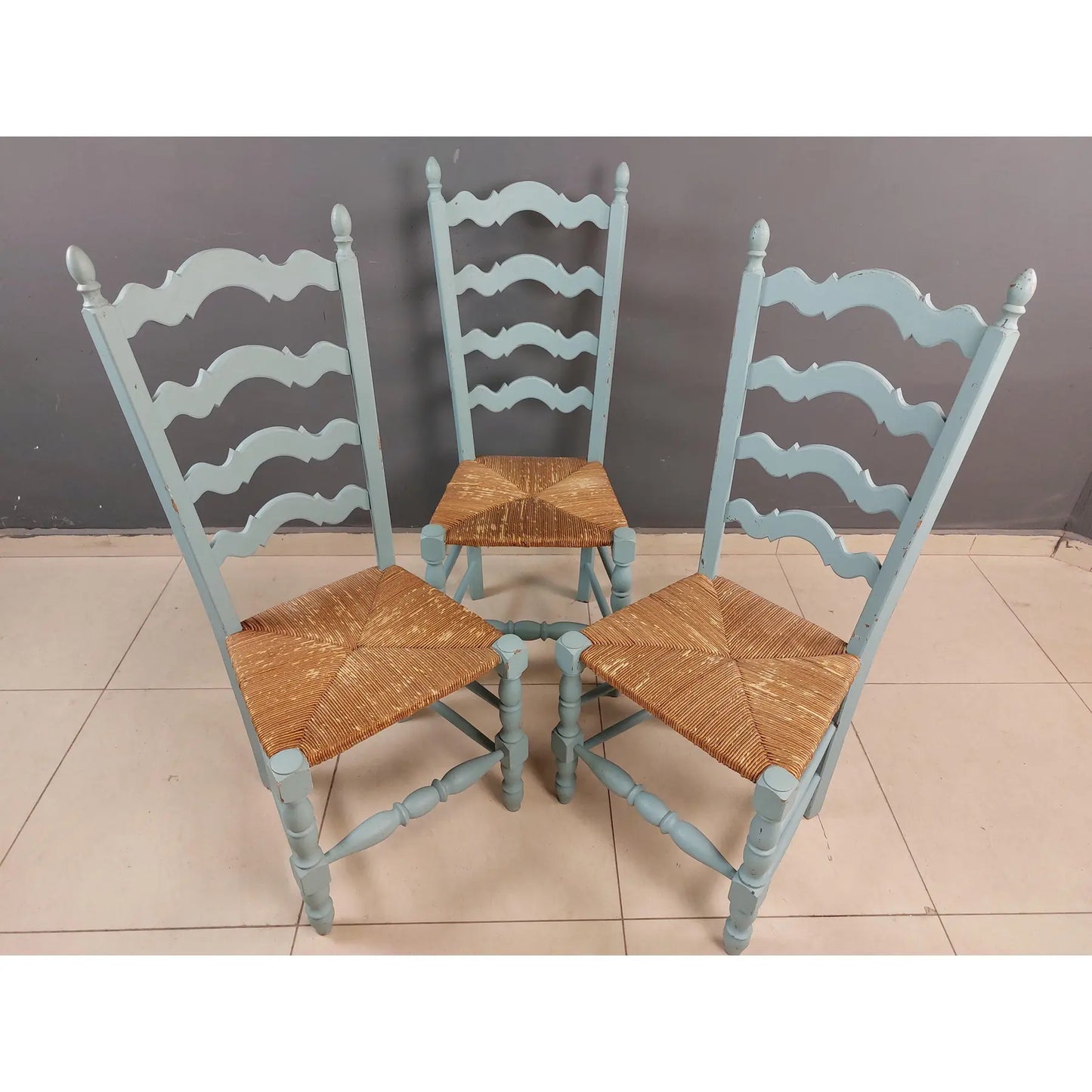 Vintage French Farmhouse Blue Painted Dining Chairs With Rush Woven Seats - Set of 6