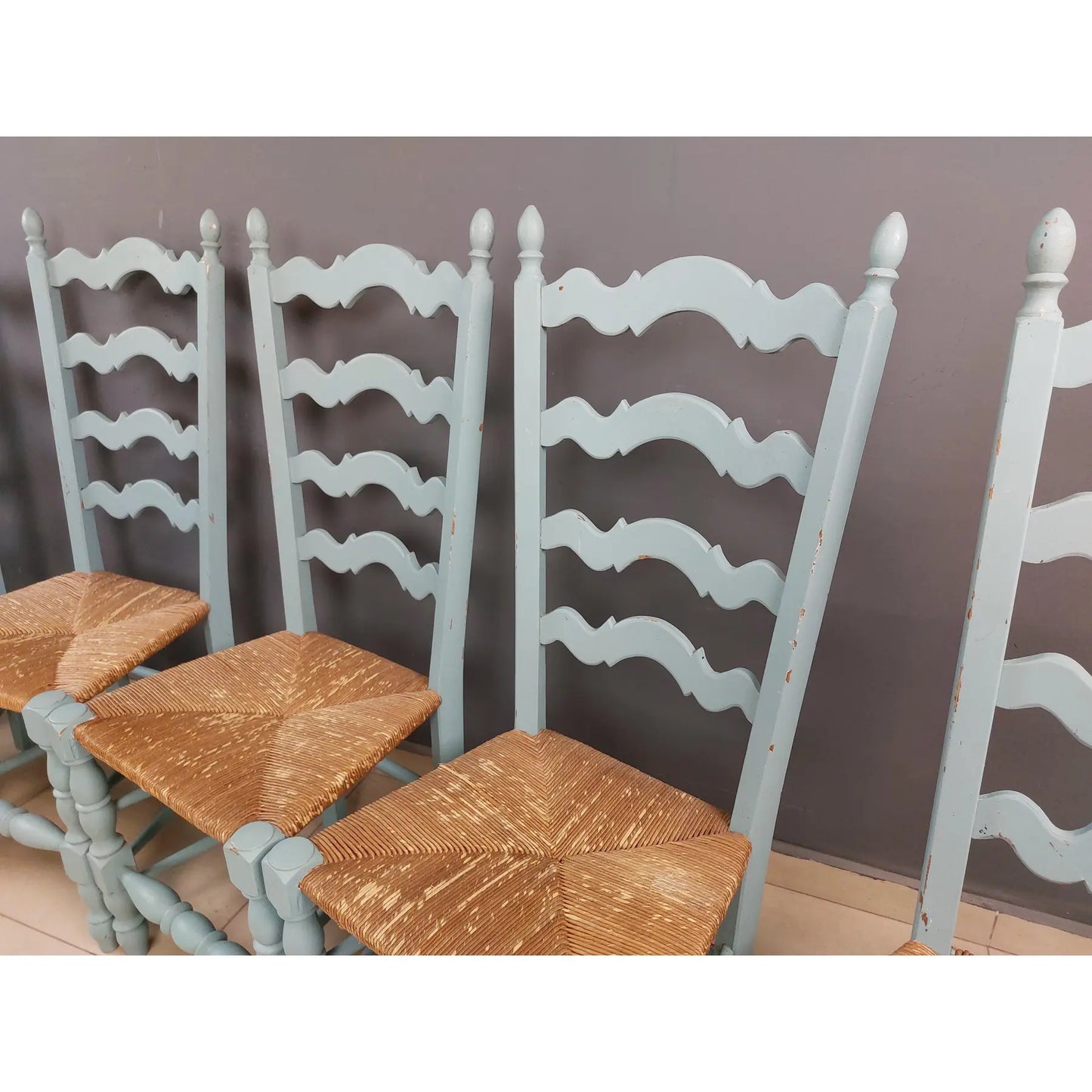 Vintage French Farmhouse Blue Painted Dining Chairs With Rush Woven Seats - Set of 6