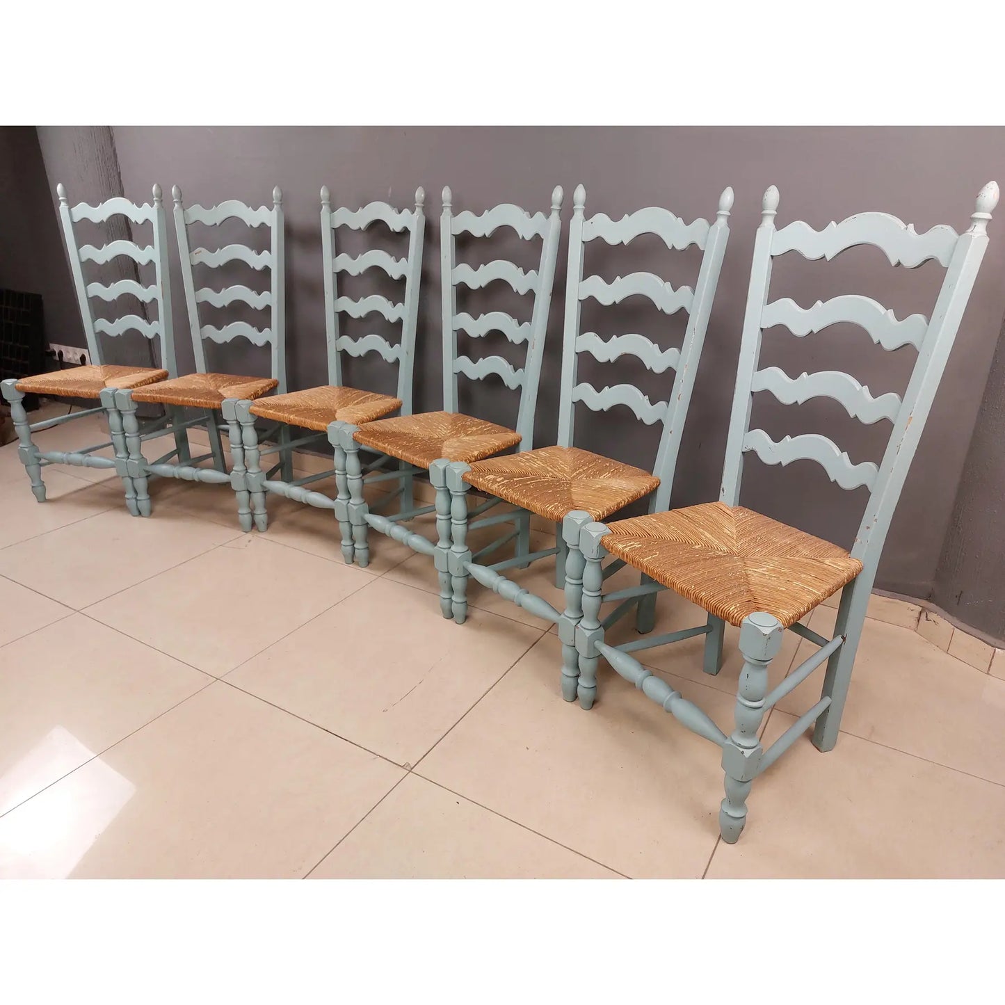 Vintage French Farmhouse Blue Painted Dining Chairs With Rush Woven Seats - Set of 6